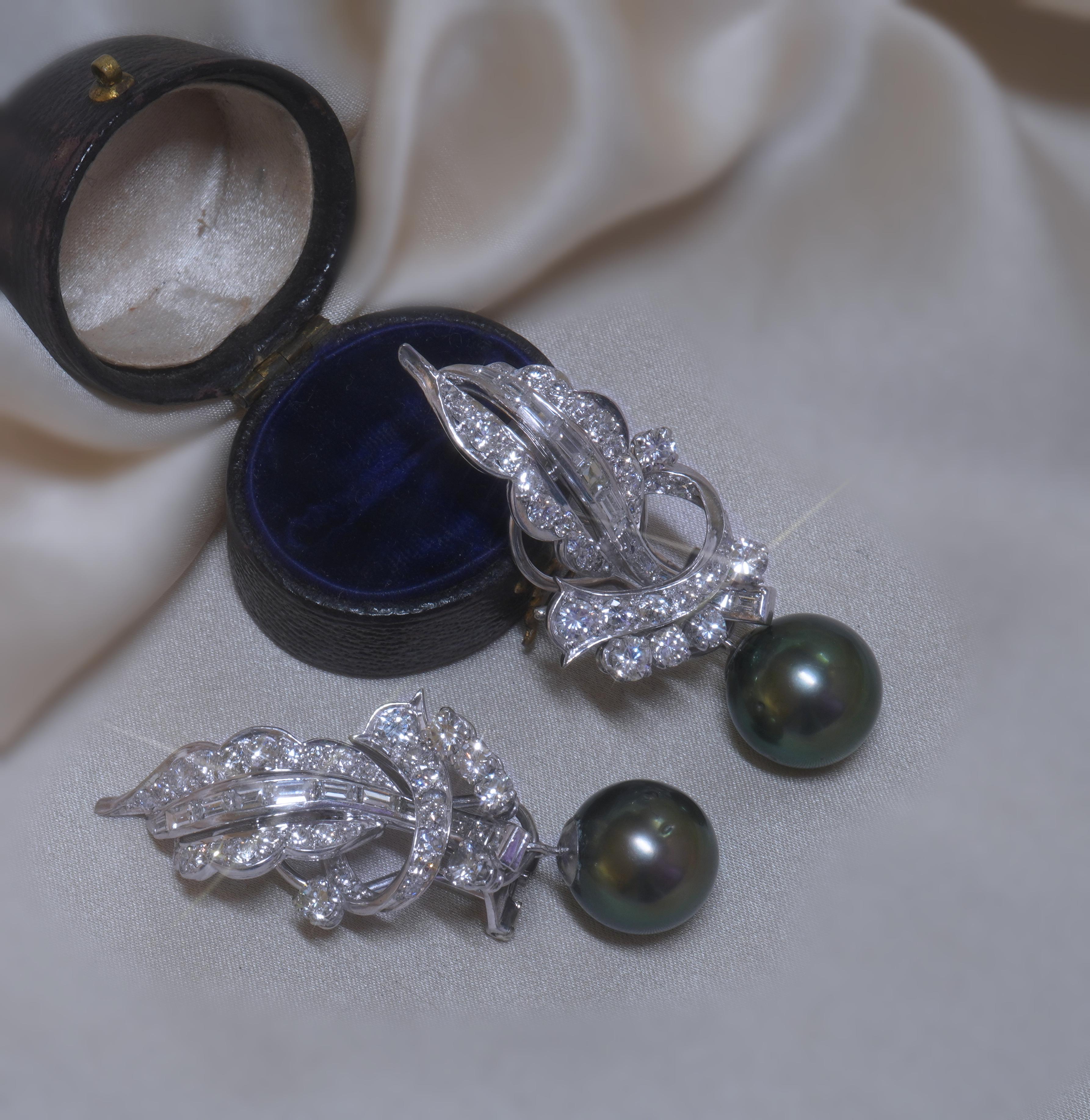 Platinum Diamond Tahitian Pearl Earrings Vintage GIA VVS Antique Huge 5.80 Cts For Sale 6