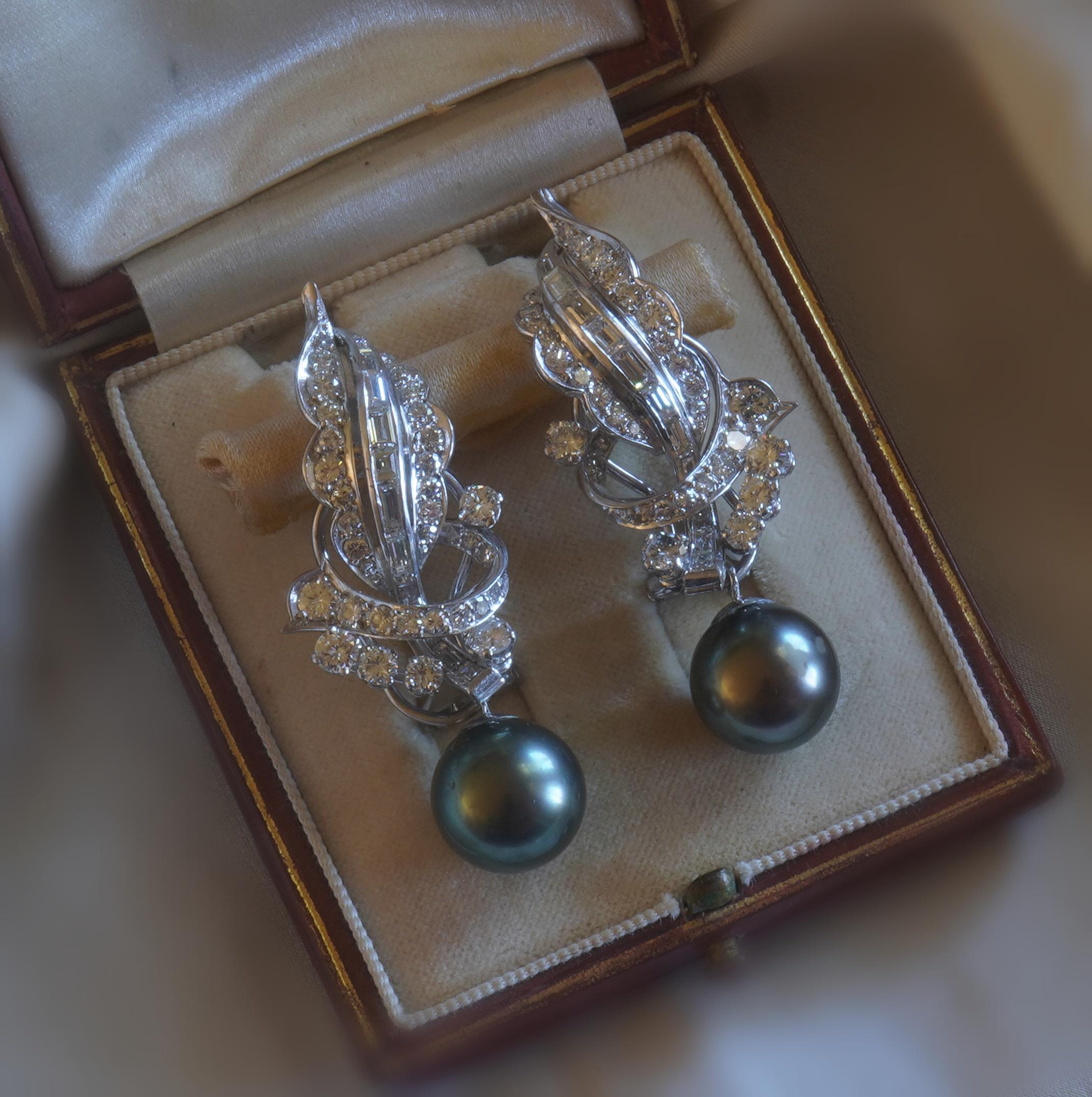Platinum Diamond Tahitian Pearl Earrings Vintage GIA VVS Antique Huge 5.80 Cts For Sale 7