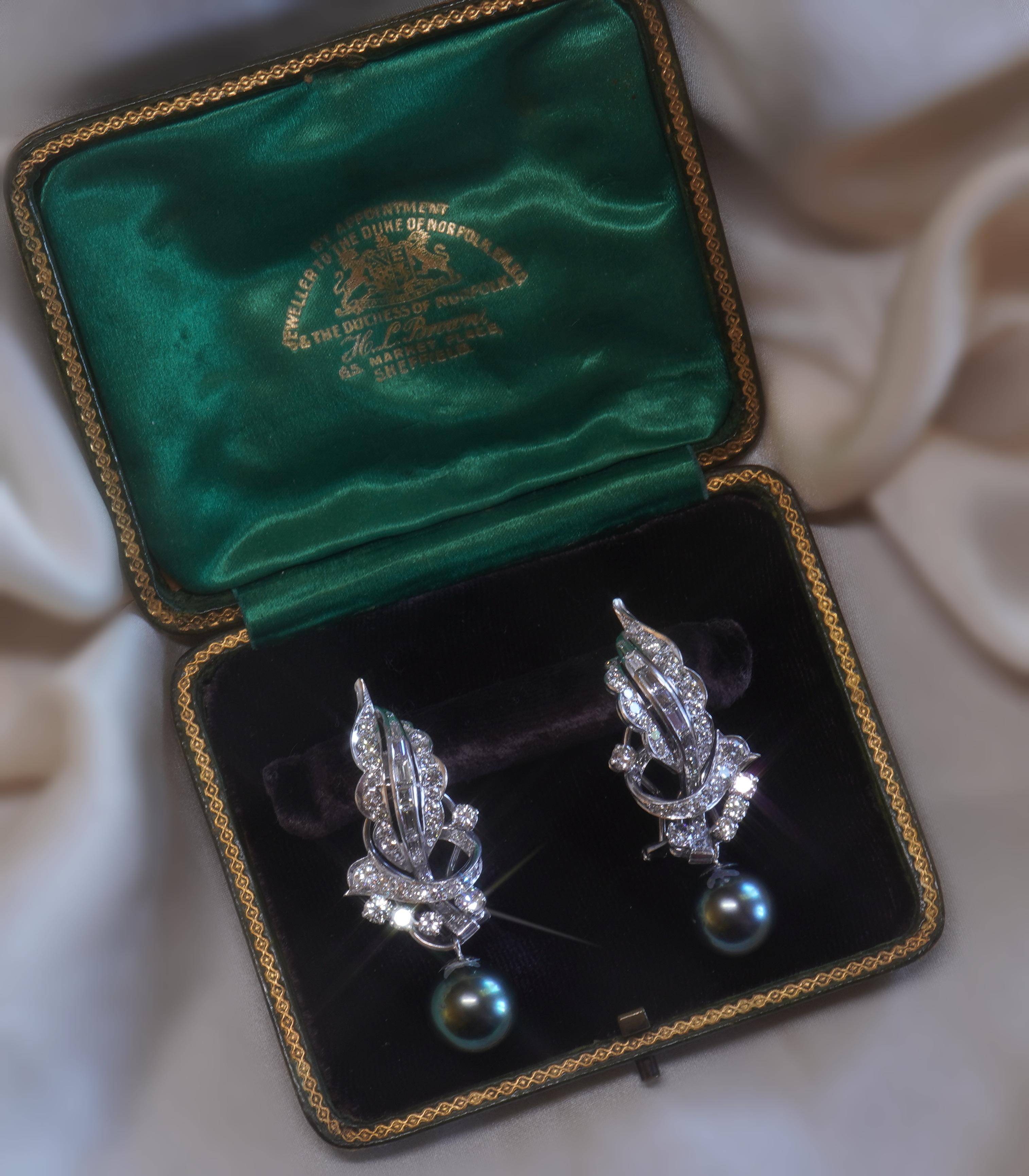 Women's Platinum Diamond Tahitian Pearl Earrings Vintage GIA VVS Antique Huge 5.80 Cts For Sale