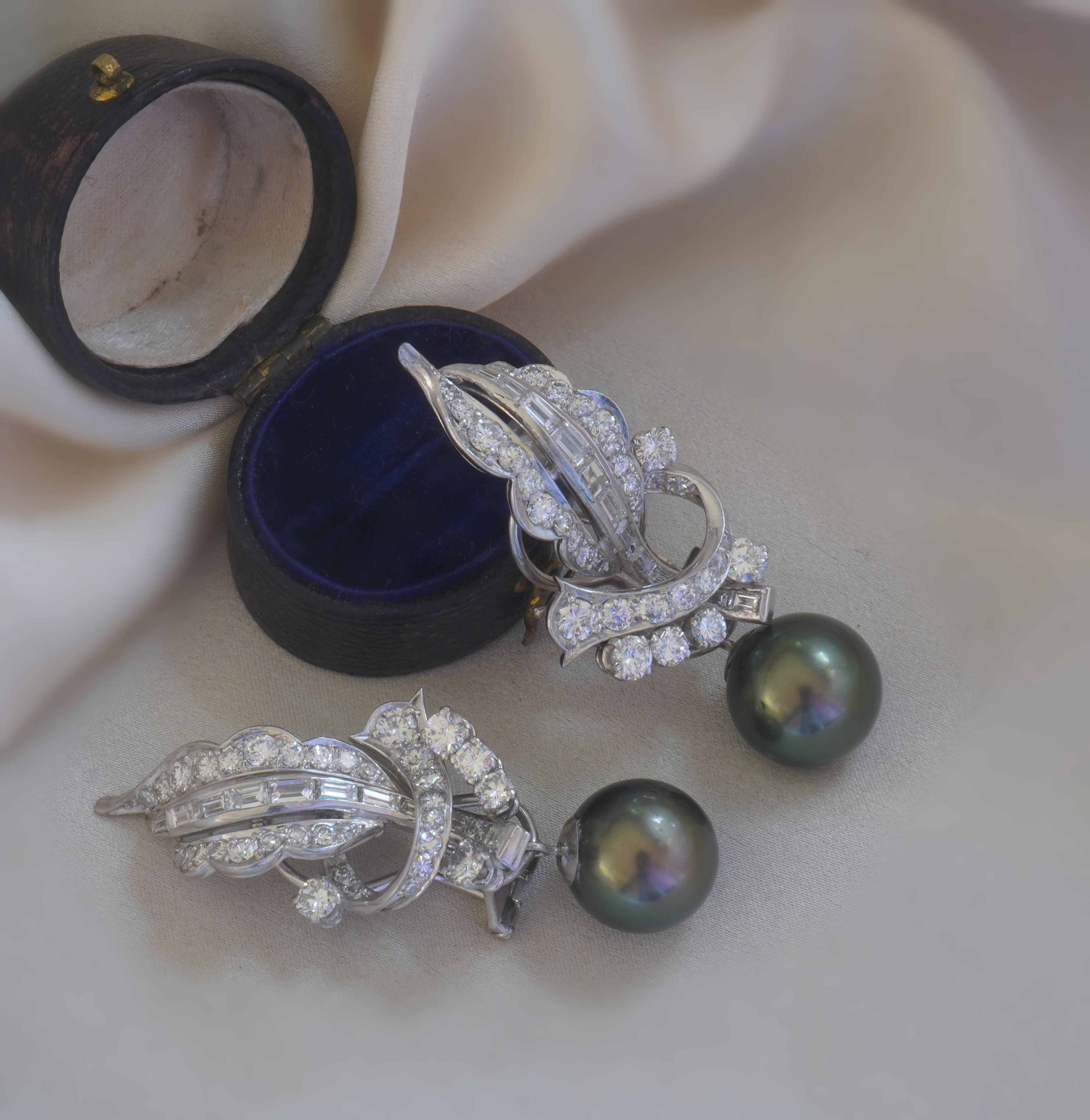 Platinum Diamond Tahitian Pearl Earrings Vintage GIA VVS Antique Huge 5.80 Cts For Sale 2