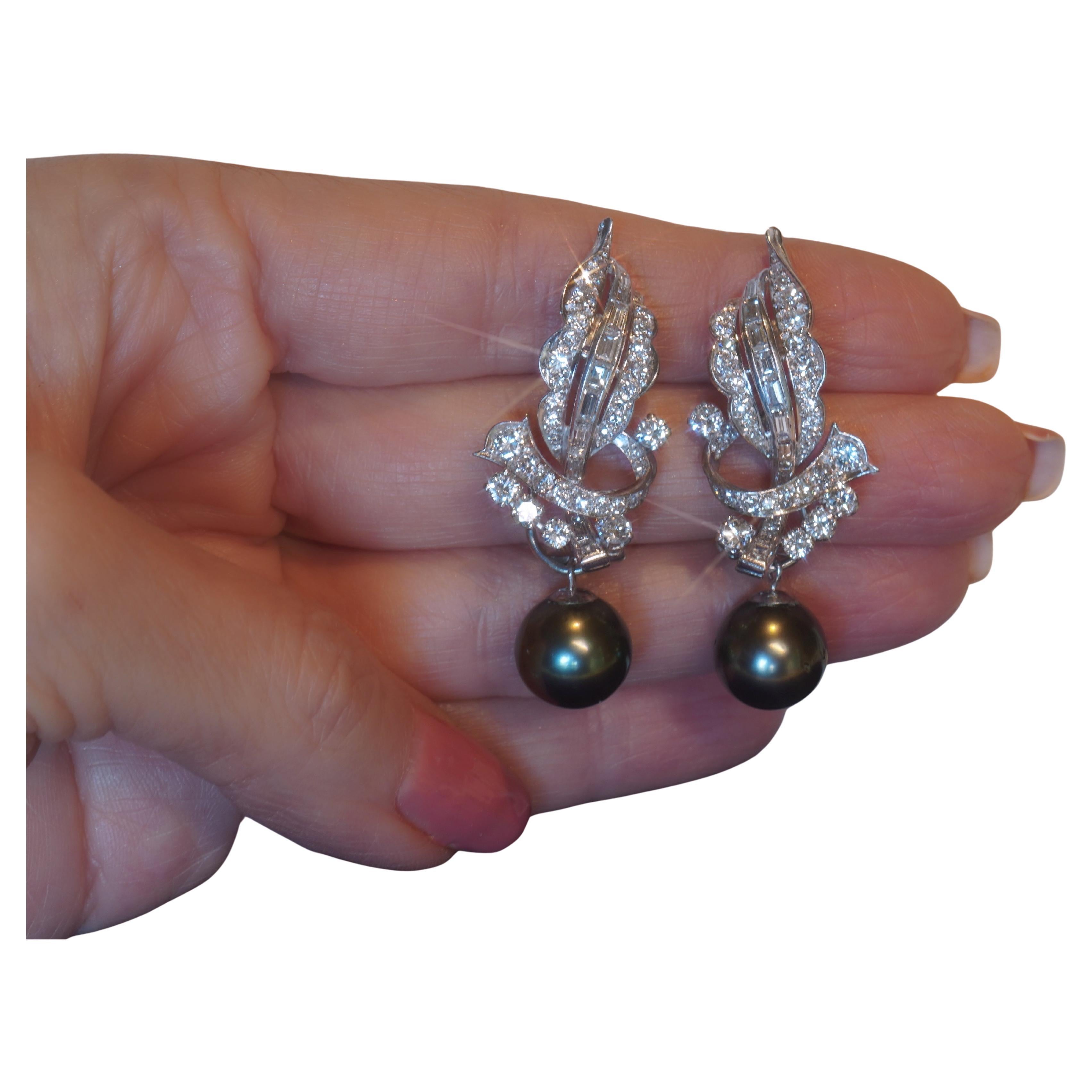 Platinum Diamond Tahitian Pearl Earrings Vintage GIA VVS Antique Huge 5.80 Cts