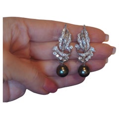 Platin Diamant Tahiti-Perlen-Ohrringe Vintage GIA VVS Antike große 5,80 Karat