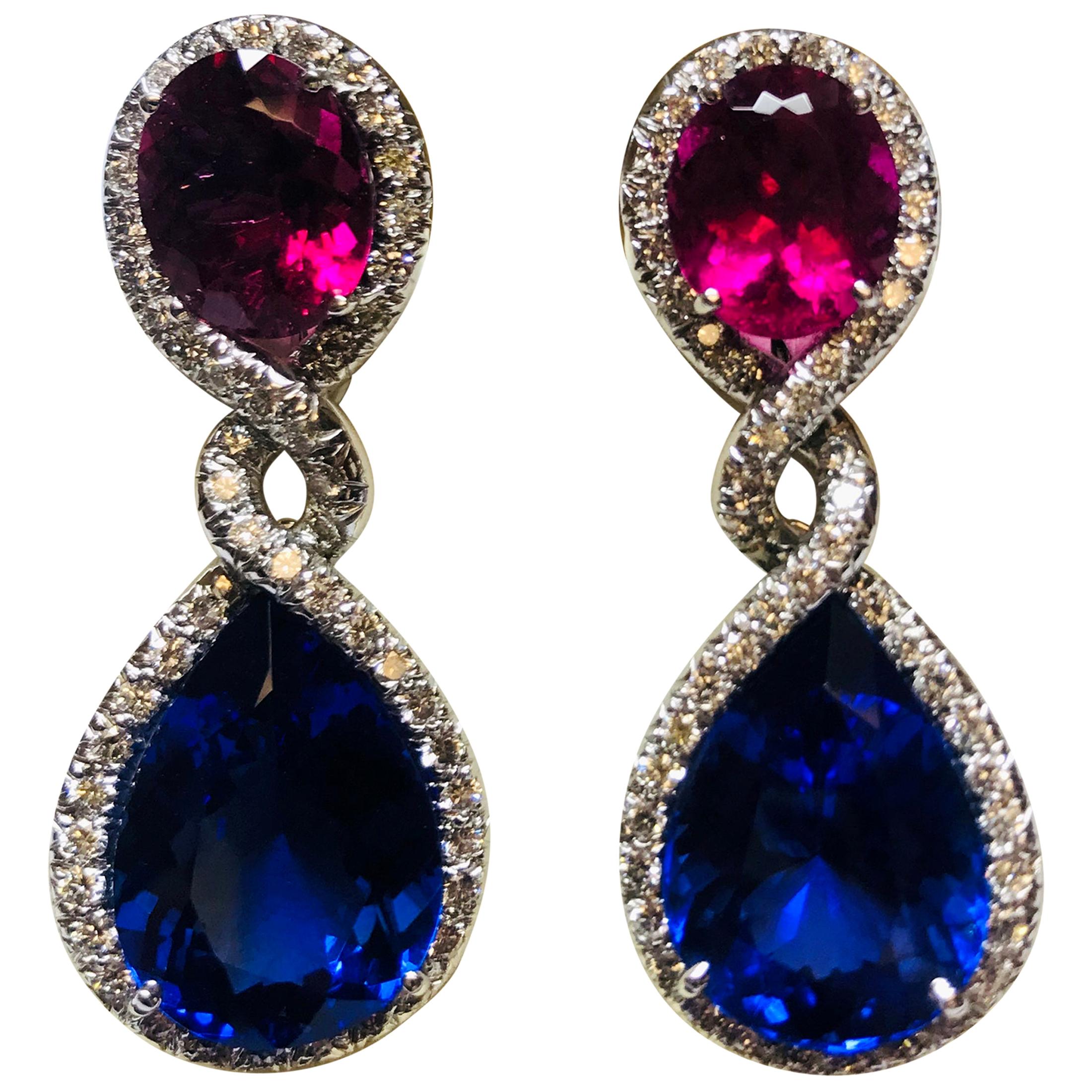 Platinum Diamond, Tanzanite and Rubellite One Off Earrings For Sale