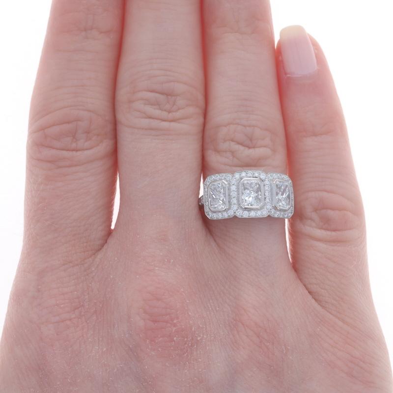 Radiant Cut Platinum Diamond Three-Stone Halo Ring - 950 Radiant 2.11ctw Engagement For Sale