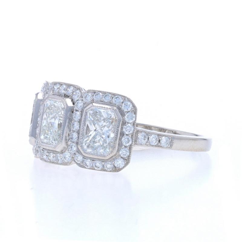 Platinum Diamond Three-Stone Halo Ring - 950 Radiant 2.11ctw Engagement In Excellent Condition For Sale In Greensboro, NC