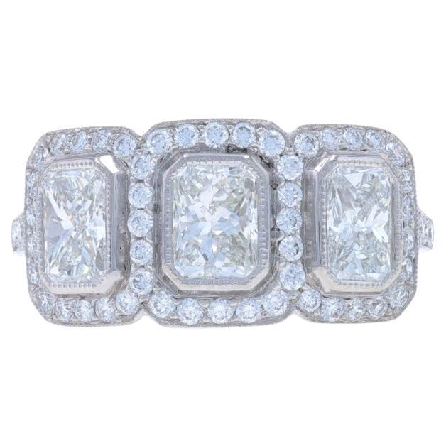 Platinum Diamond Three-Stone Halo Ring - 950 Radiant 2.11ctw Engagement For Sale