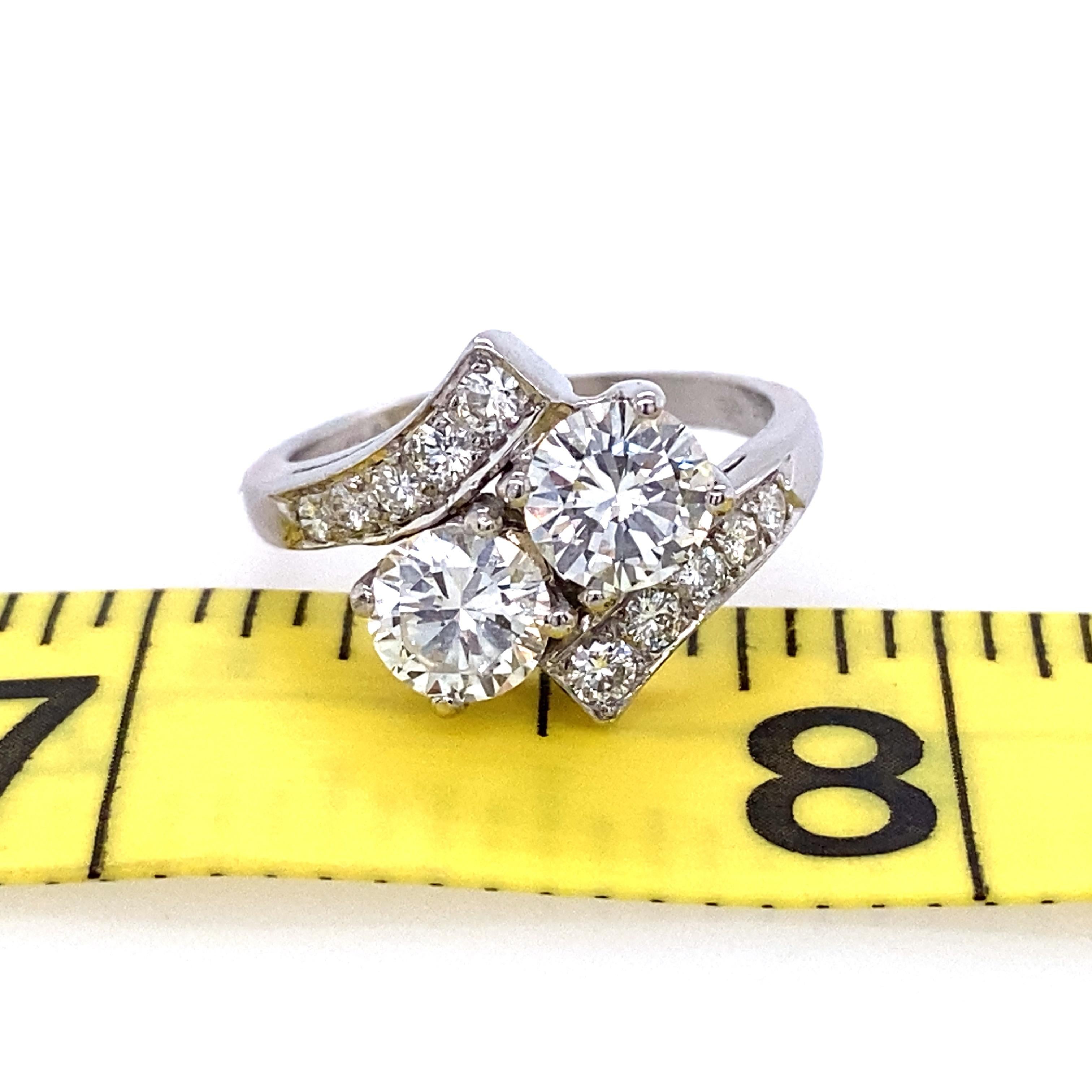 Platinum Diamond Toi Et Moi 1950s Engagement Ring In Good Condition For Sale In Towson, MD