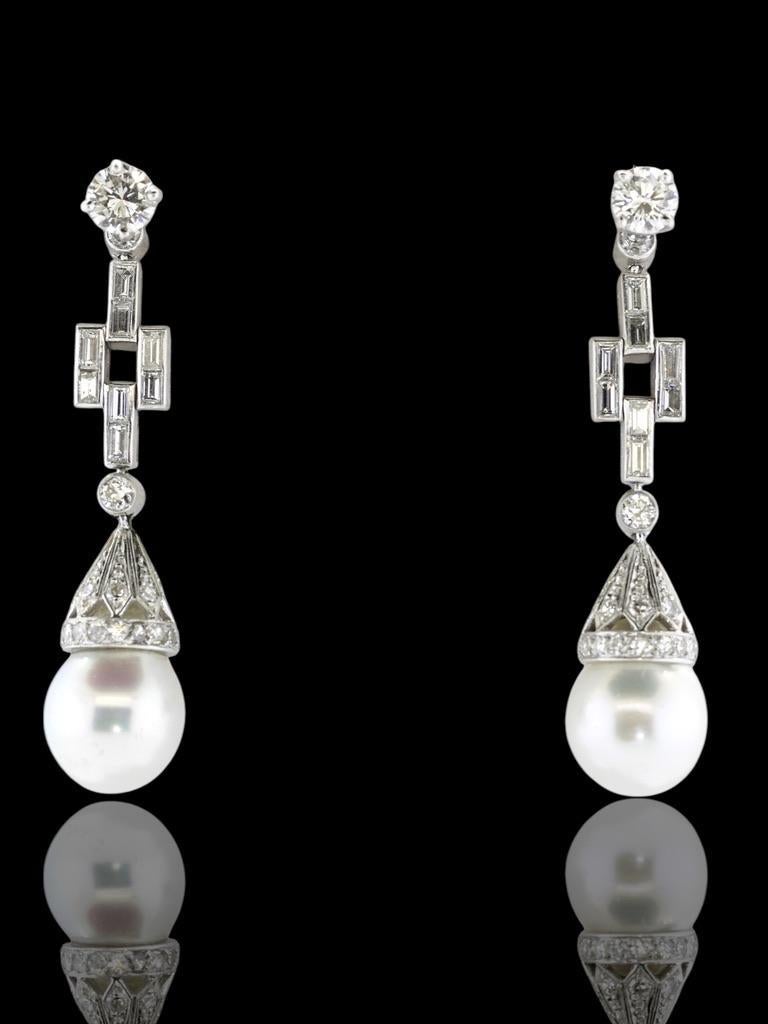 Brilliant Cut Platinum & Diamond Vintage Earrings Pendant  Style with Fine Diamonds & Pearls For Sale
