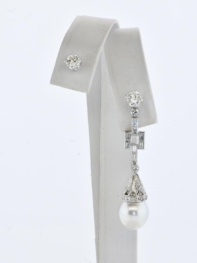 Women's or Men's Platinum & Diamond Vintage Earrings Pendant  Style with Fine Diamonds & Pearls For Sale