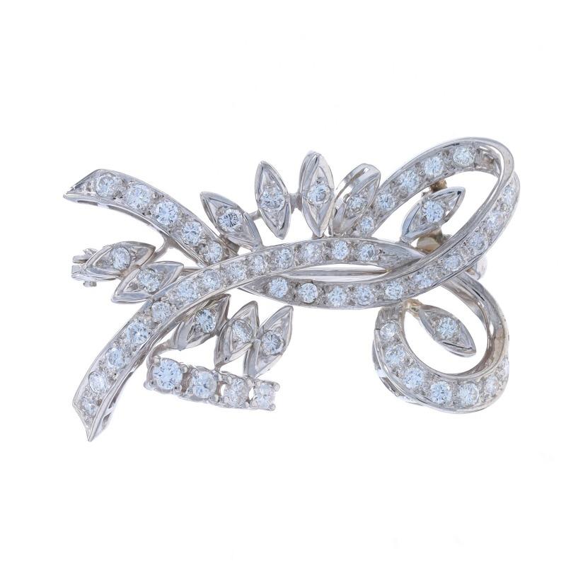 Era: Vintage

Metal Content: 90% Platinum

Stone Information

Natural Diamonds
Carat(s): 1.20ctw
Cut: Round Brilliant
Color: G - H
Clarity: VS1 - VS2 (most VS)

Total Carats: 1.20ctw

Style: Brooch
Fastening Type: Hinged Pin and Trombone
