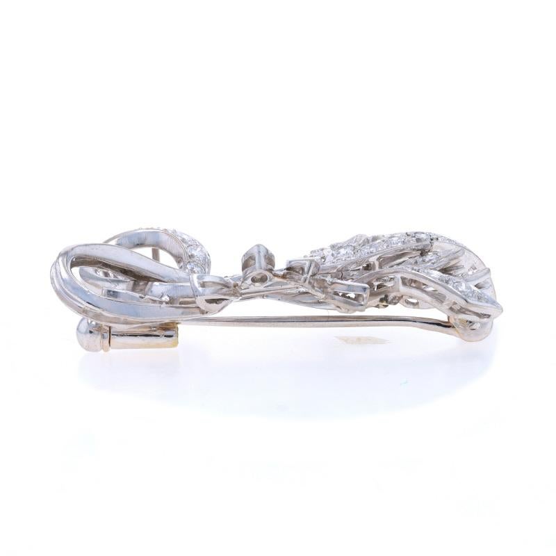 Round Cut Platinum Diamond Vintage Ribbon Spray Brooch - 90% Round Brilliant 1.20ctw Pin For Sale