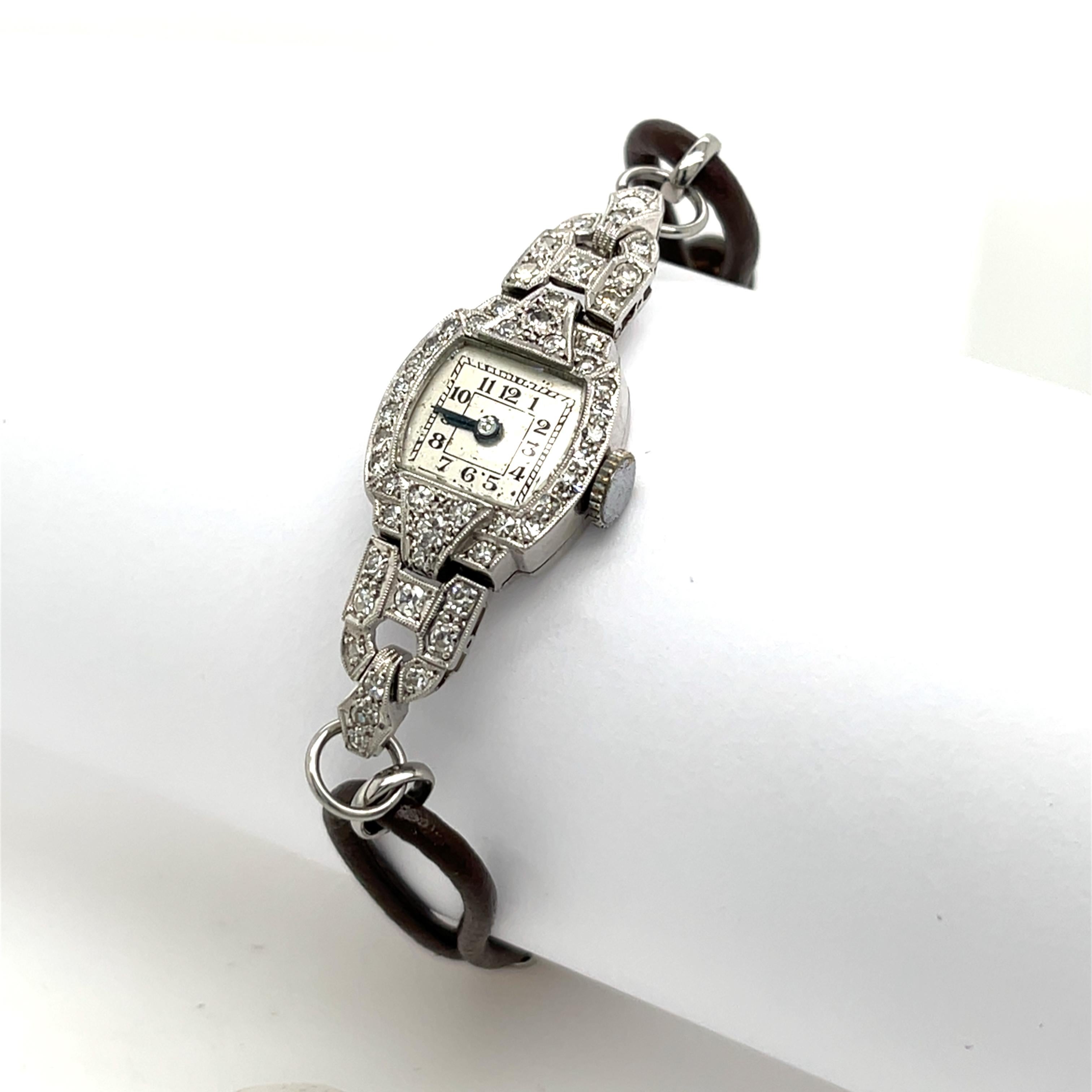 Old Mine Cut Platinum Diamond Watch with Leather Strap For Sale
