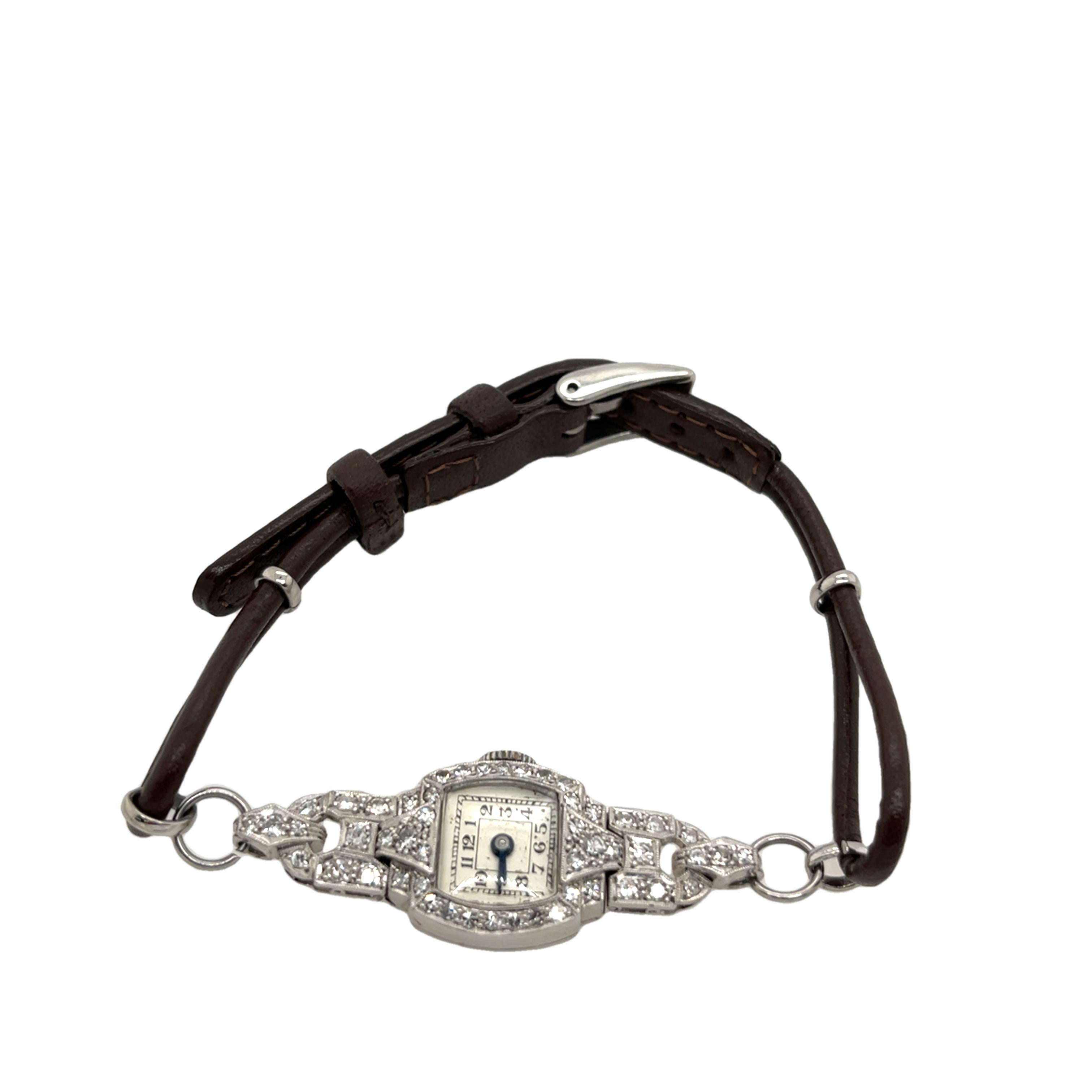 Platinum Diamond Watch with Leather Strap In Excellent Condition For Sale In London, GB