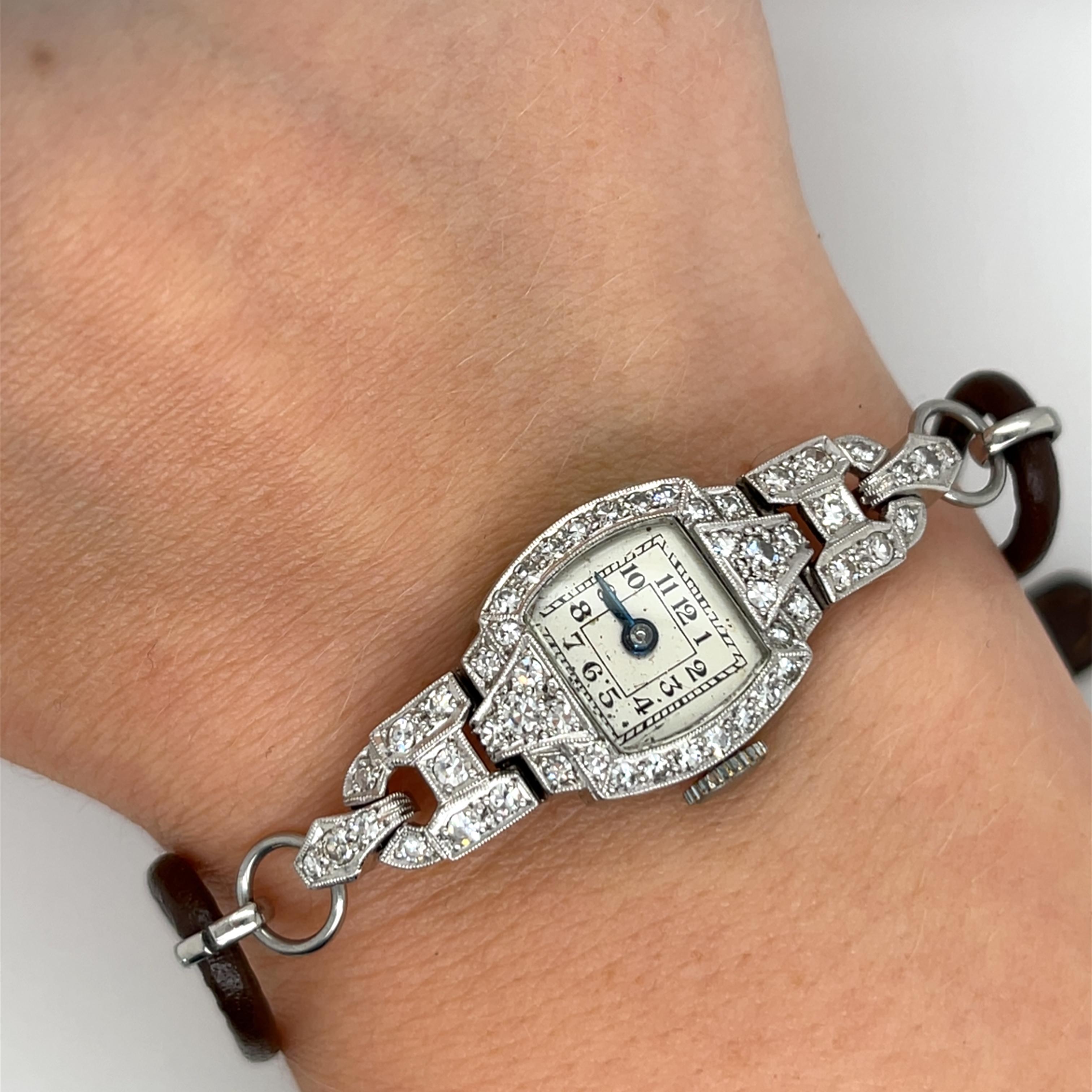 Women's Platinum Diamond Watch with Leather Strap For Sale