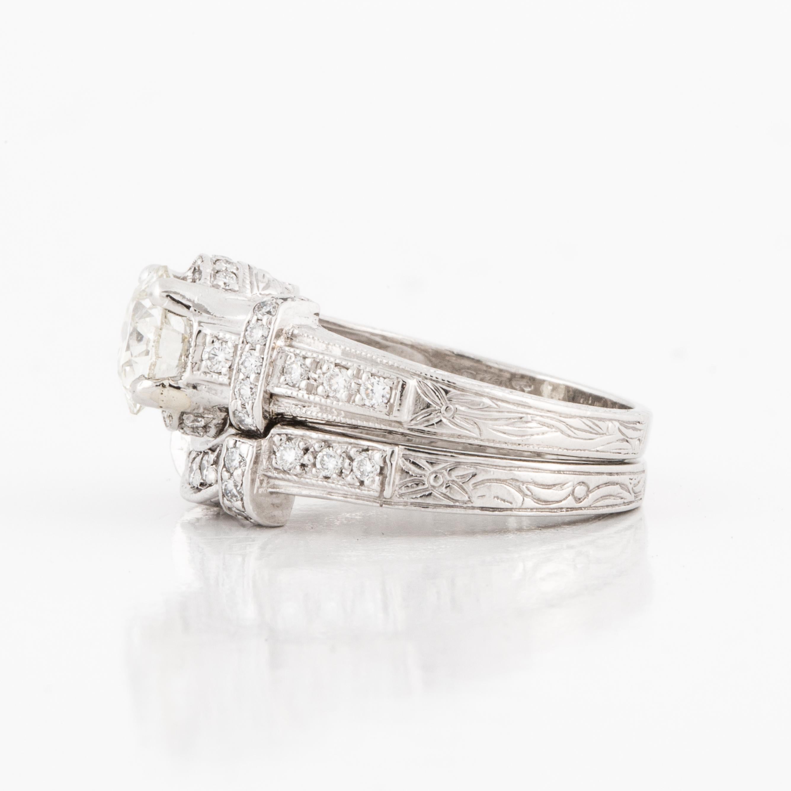 GIA Certified 1.19 Carat Old European Cut Diamond Wedding Ring Set In Good Condition In Houston, TX