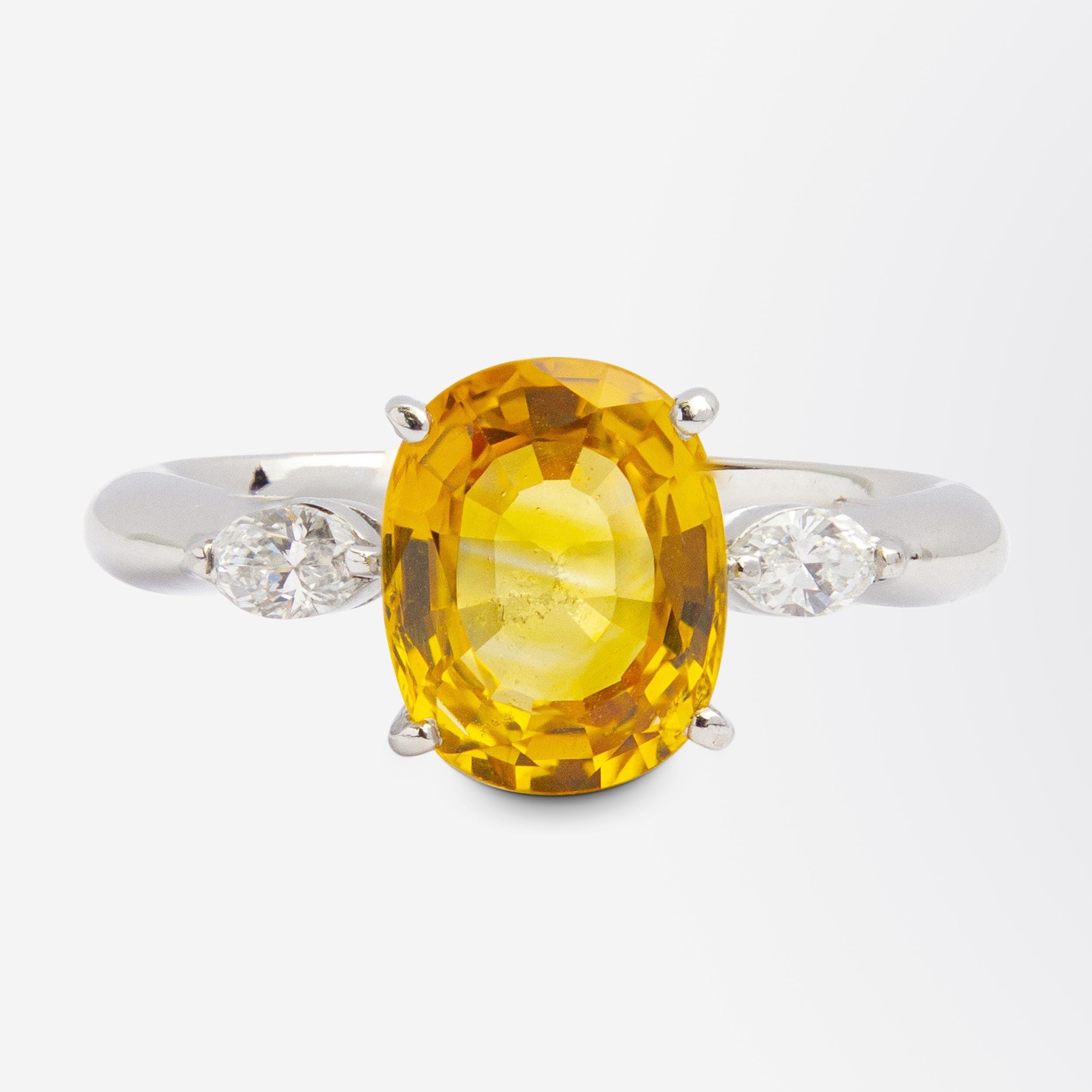 Modern Platinum, Diamond & Yellow Sapphire Ring For Sale