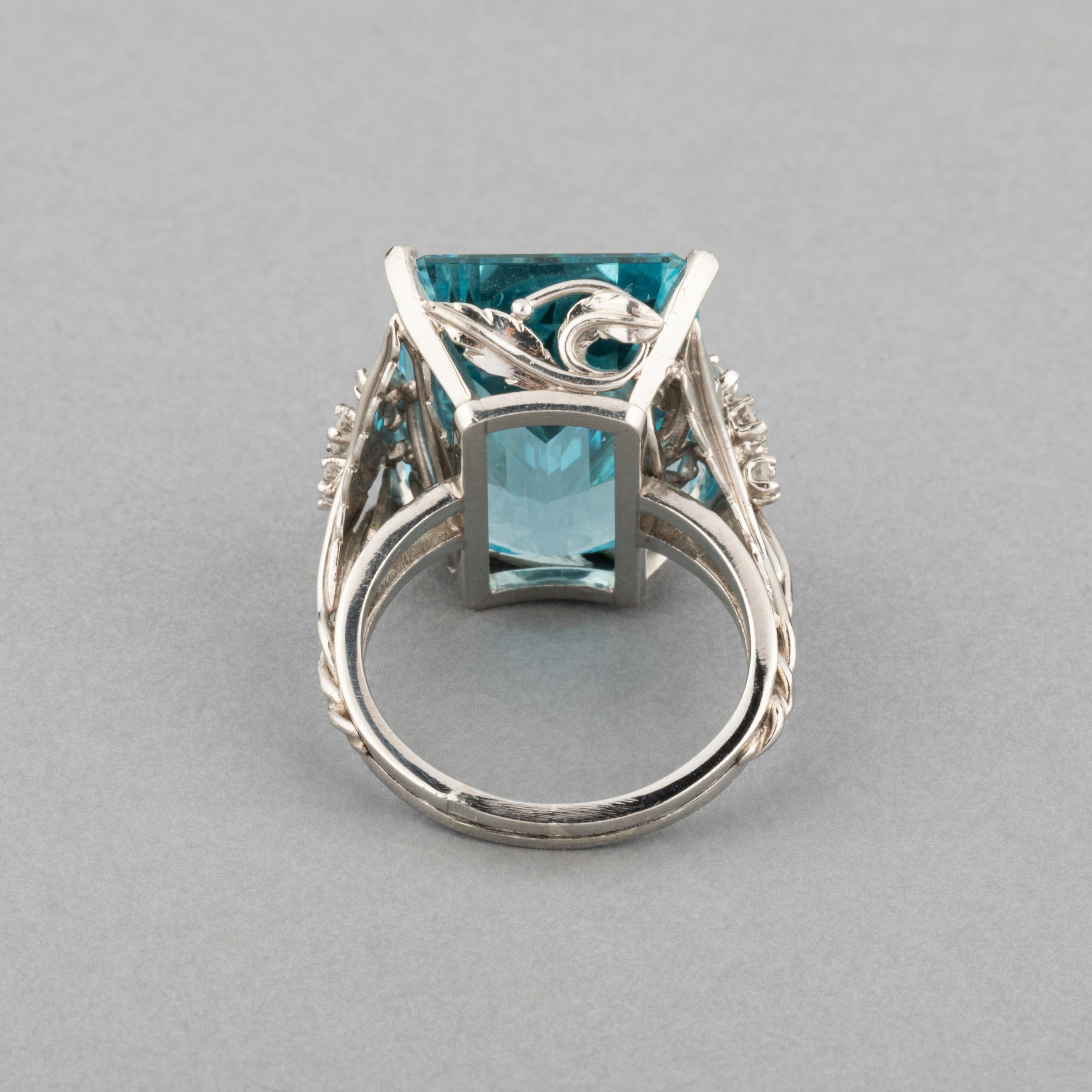 Emerald Cut Platinum Diamonds and 17 Carats Aquamarine French Vintage Ring For Sale