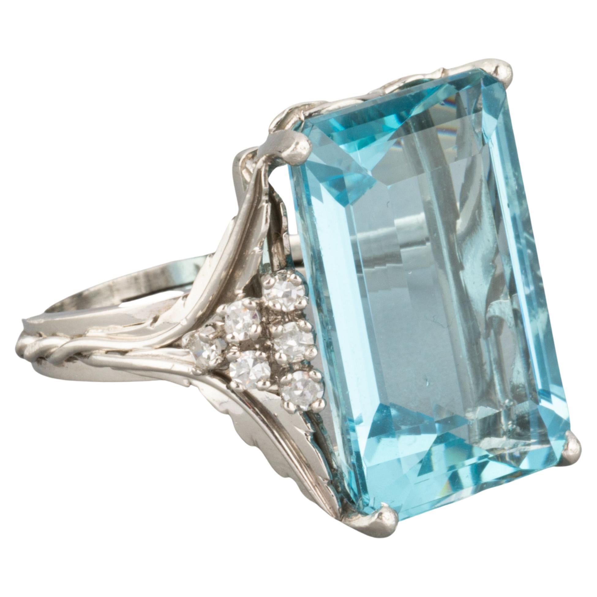 Platinum Diamonds and 17 Carats Aquamarine French Vintage Ring For Sale
