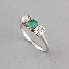 Platinum Diamonds and Emerald French Antique Ring