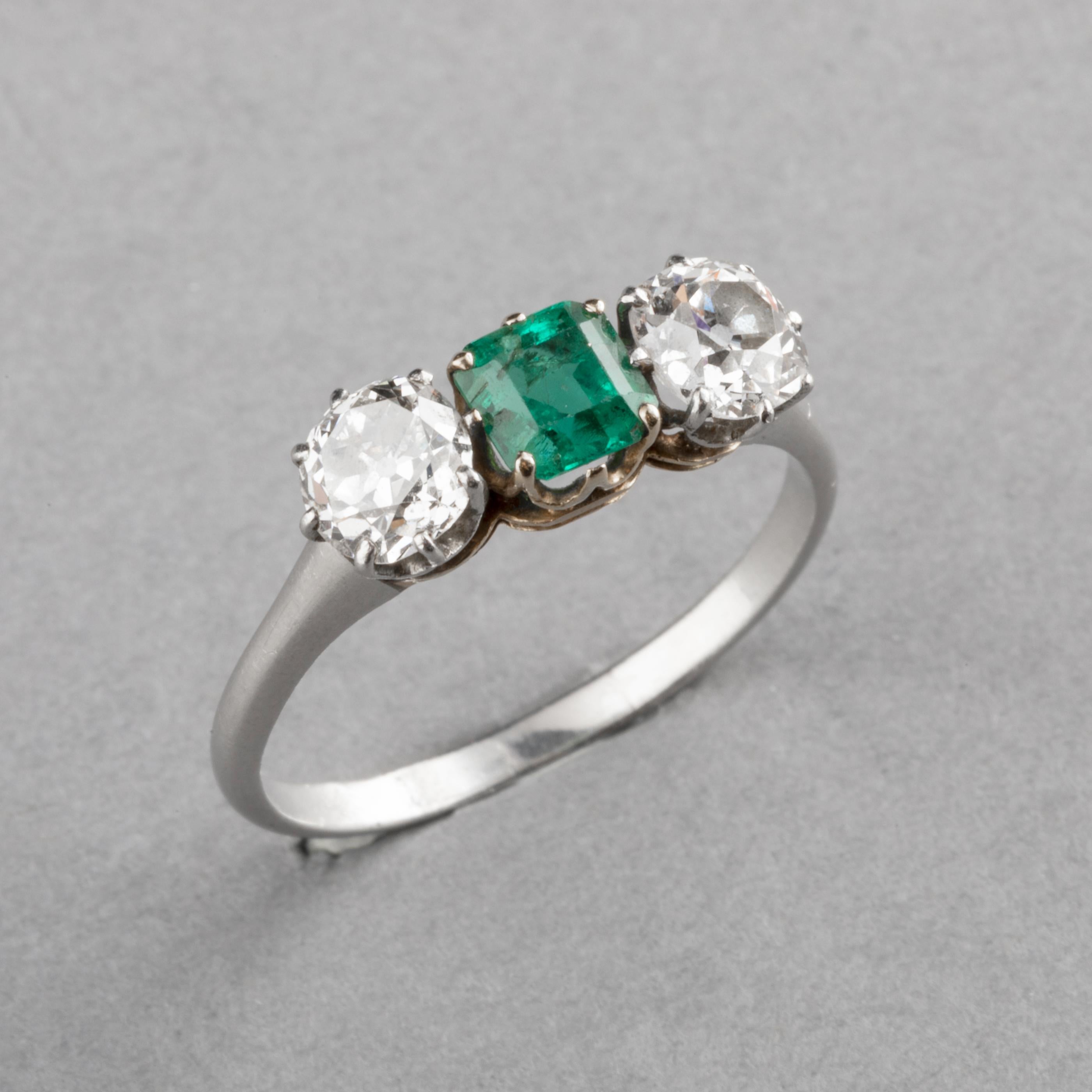 Emerald Cut Platinum Diamonds and Emerald French Antique Ring For Sale