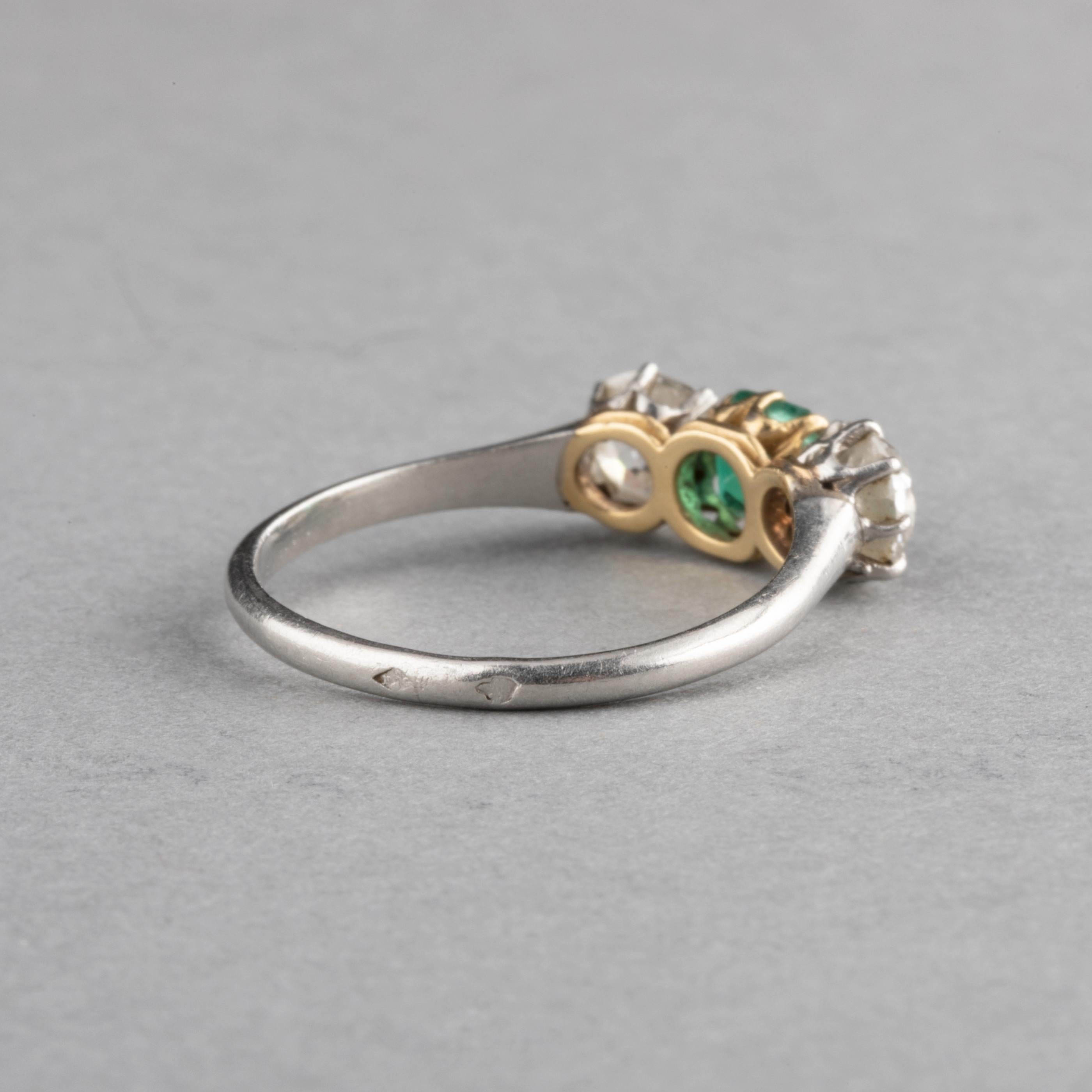 Platinum Diamonds and Emerald French Antique Ring For Sale 1