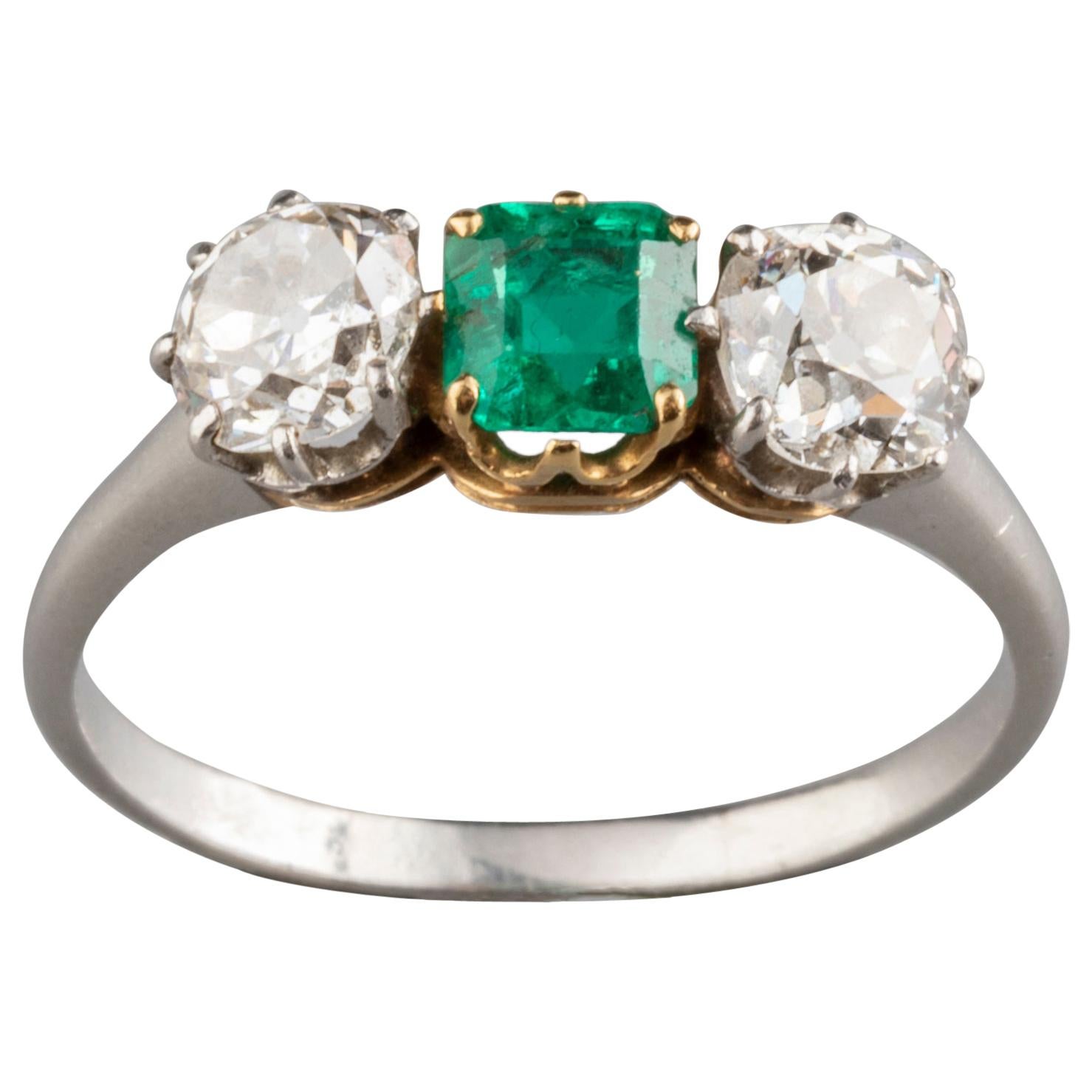 Platinum Diamonds and Emerald French Antique Ring For Sale