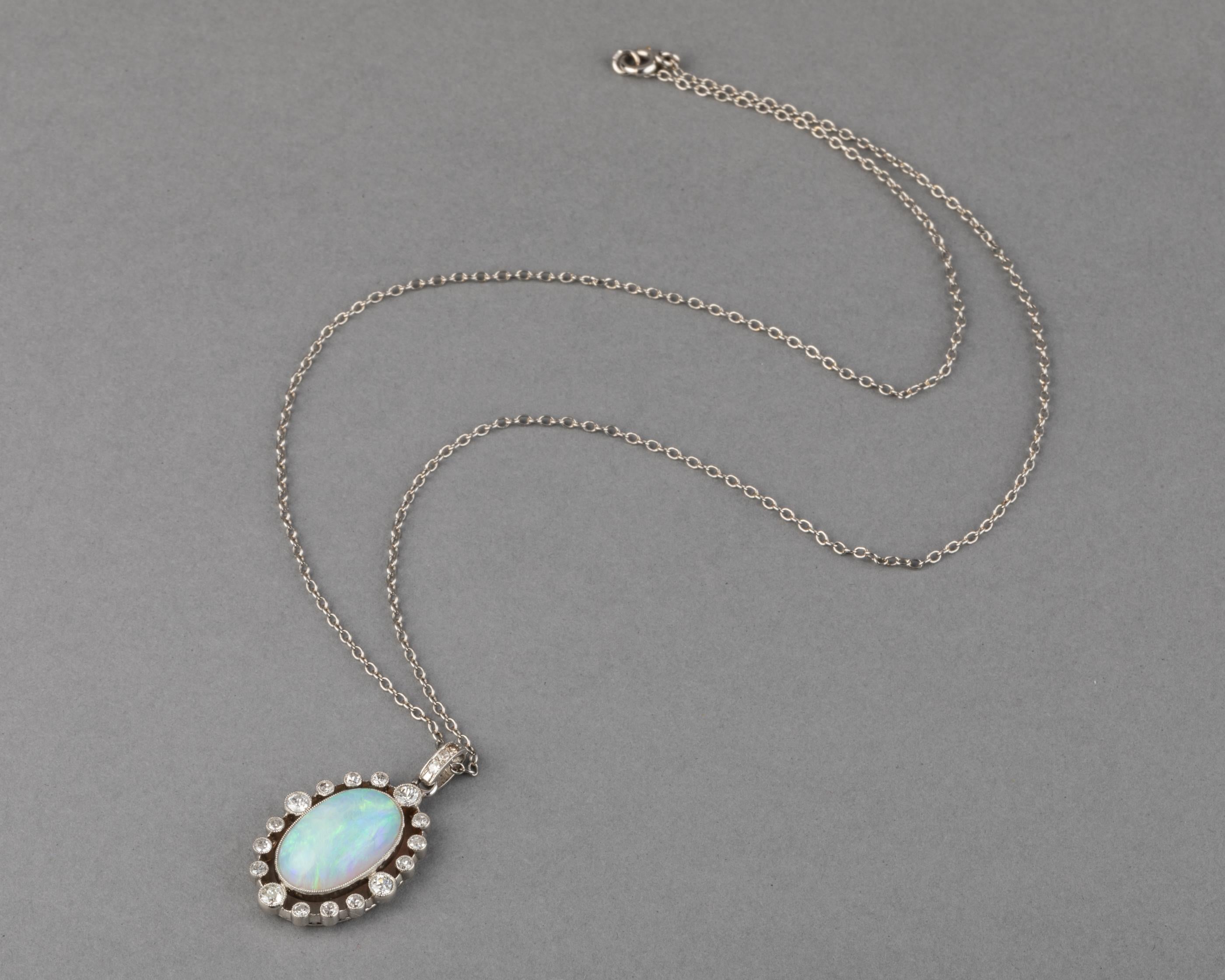 Women's Platinum Diamonds and Opale Belle Époque Pendant Necklace For Sale
