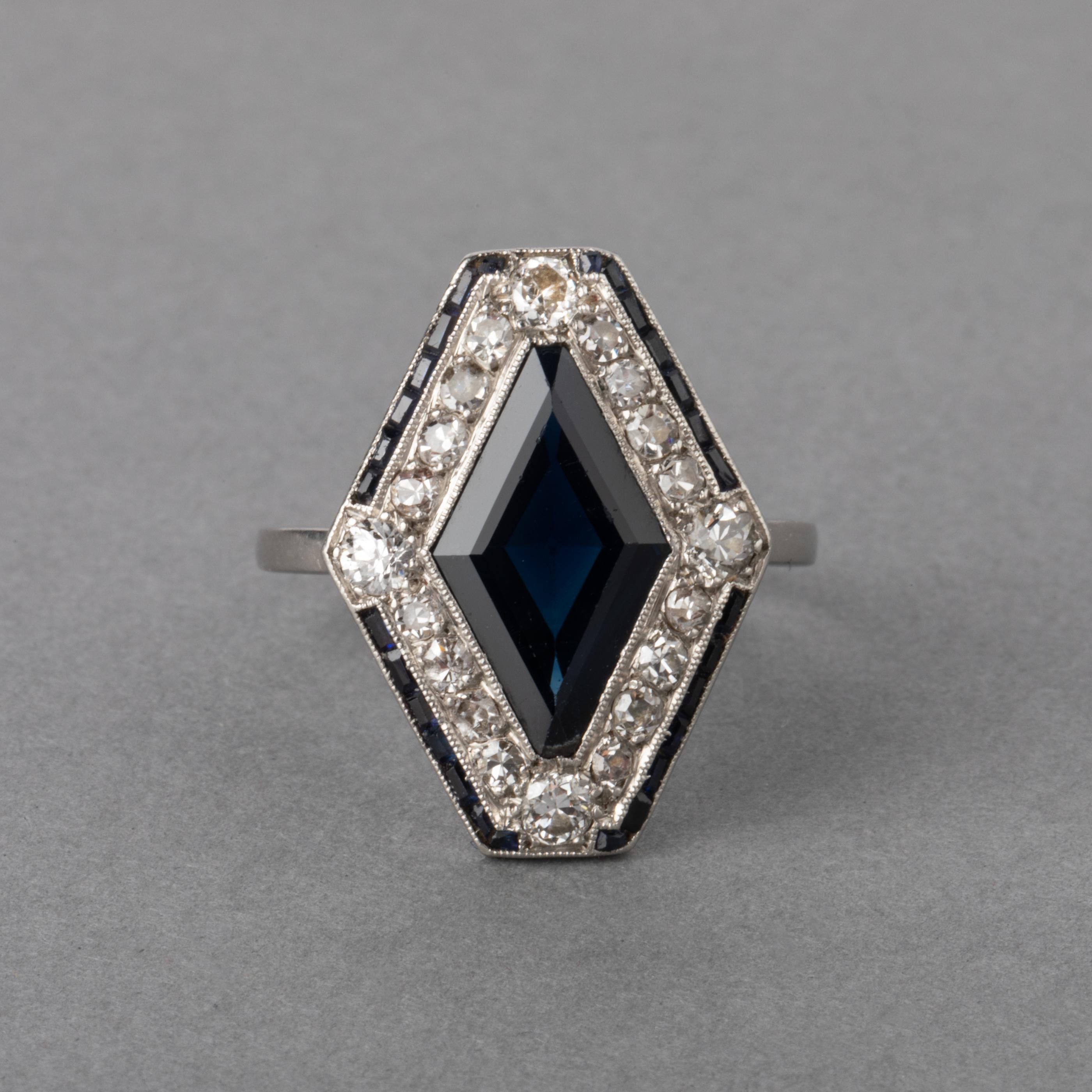 Marquise Cut Platinum Diamonds and Sapphire French Art Deco Ring For Sale