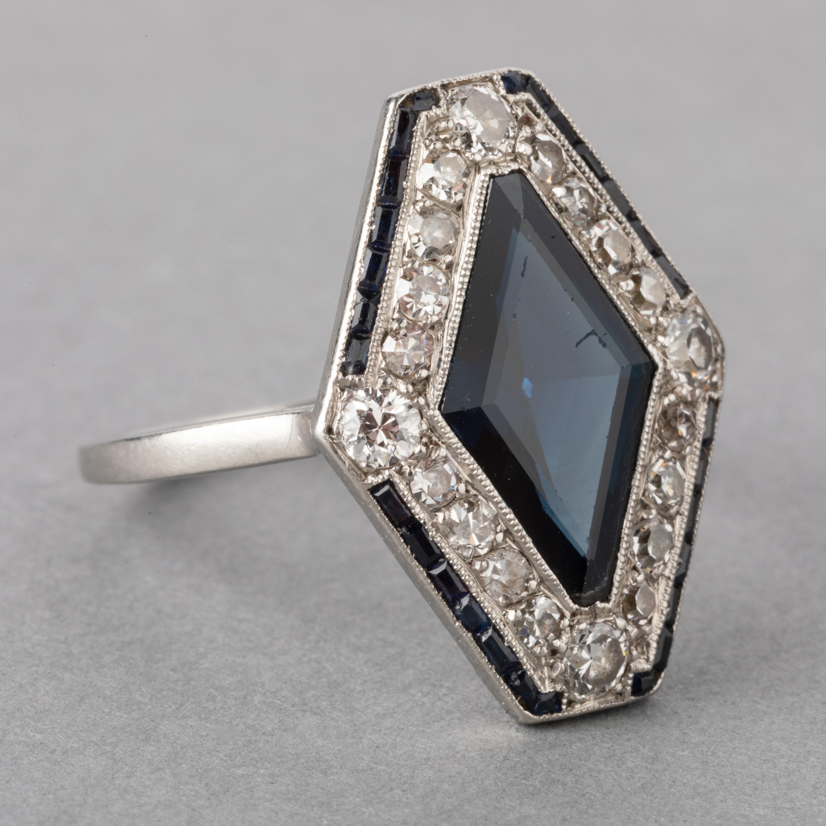 Women's Platinum Diamonds and Sapphire French Art Deco Ring For Sale