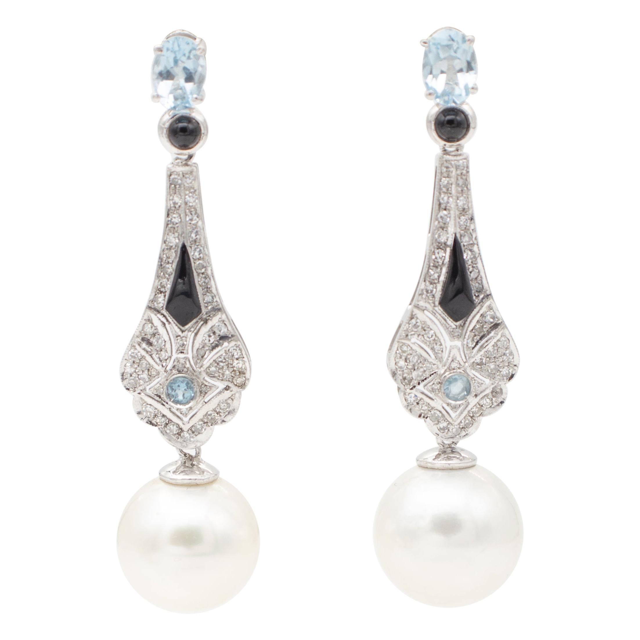 Platinum, Diamonds, Aquamarines, Onyx and Pearls Dangle/Drop Earrings ...