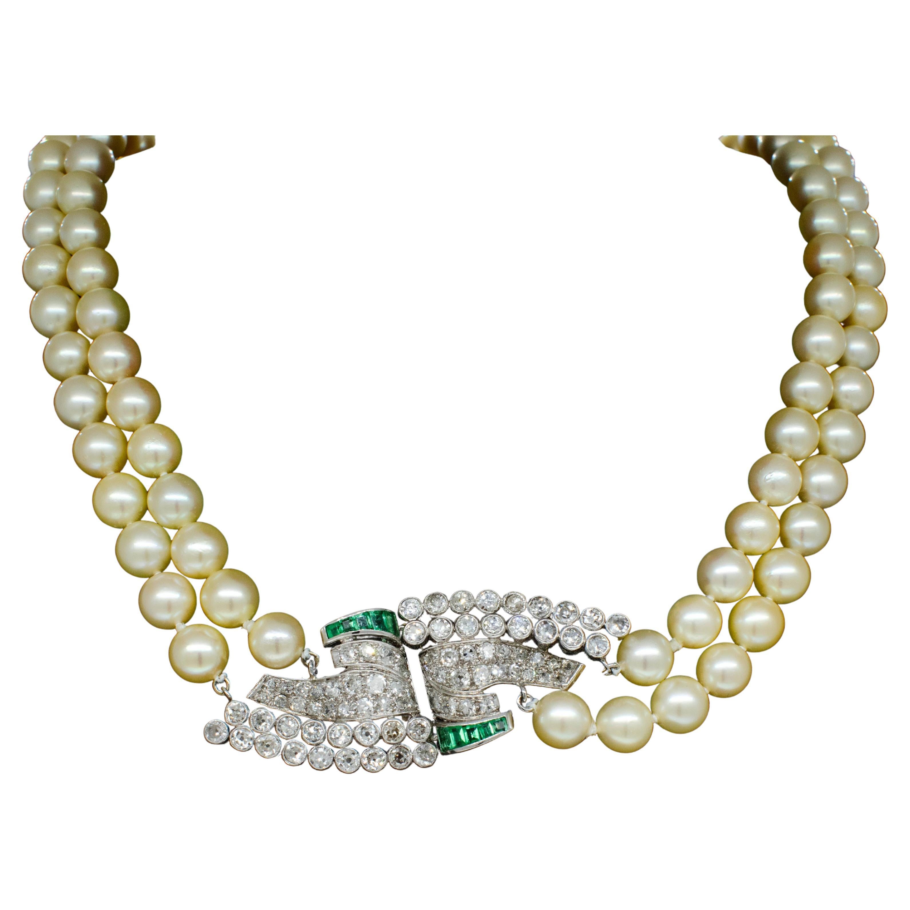 Platinum, Diamonds, Emeralds, & Pearls Double Strand Necklace