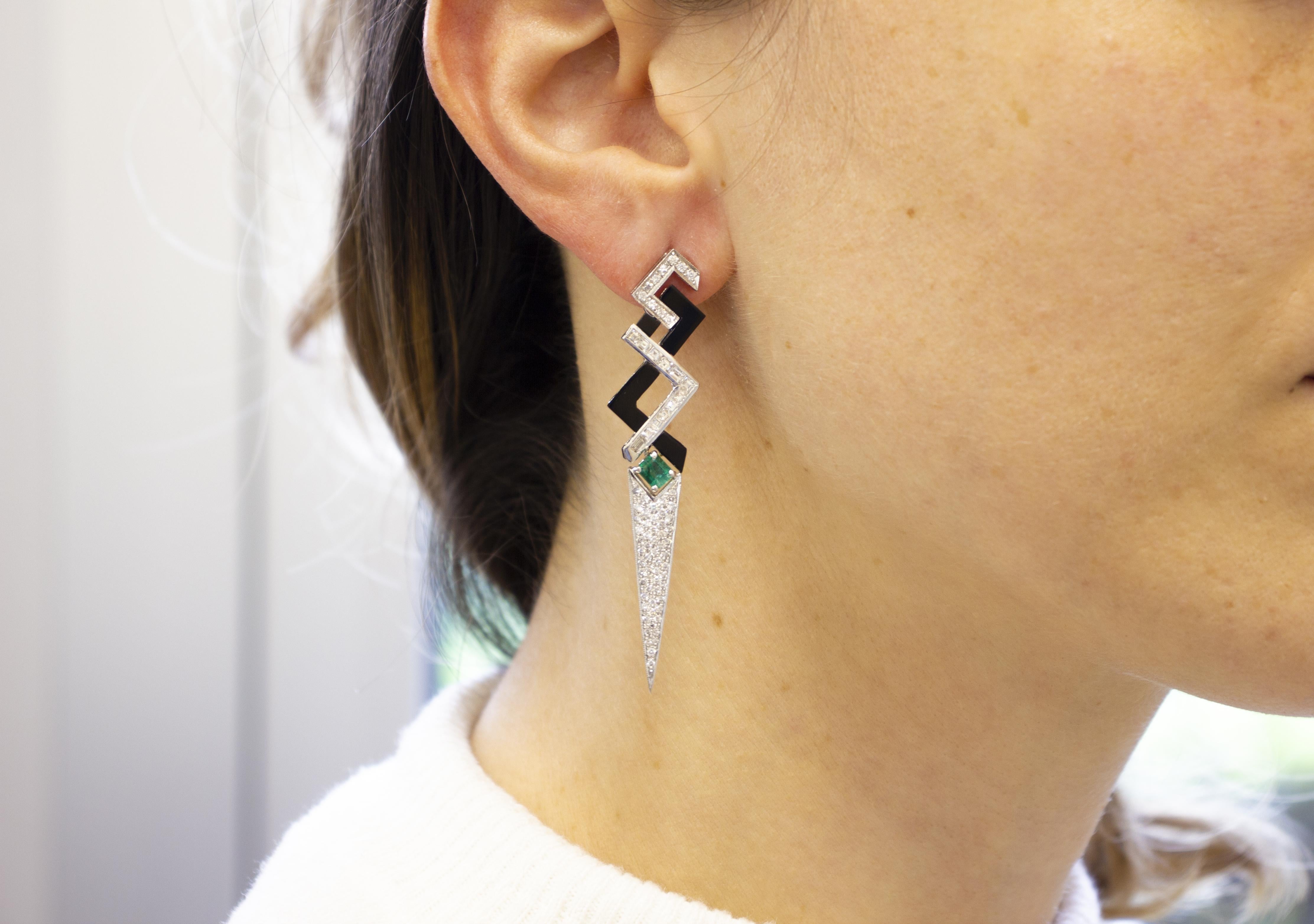 Platinum Diamonds Fancy Cuts, Emeralds, Onyx, Clip-On Fashion Earrings 1