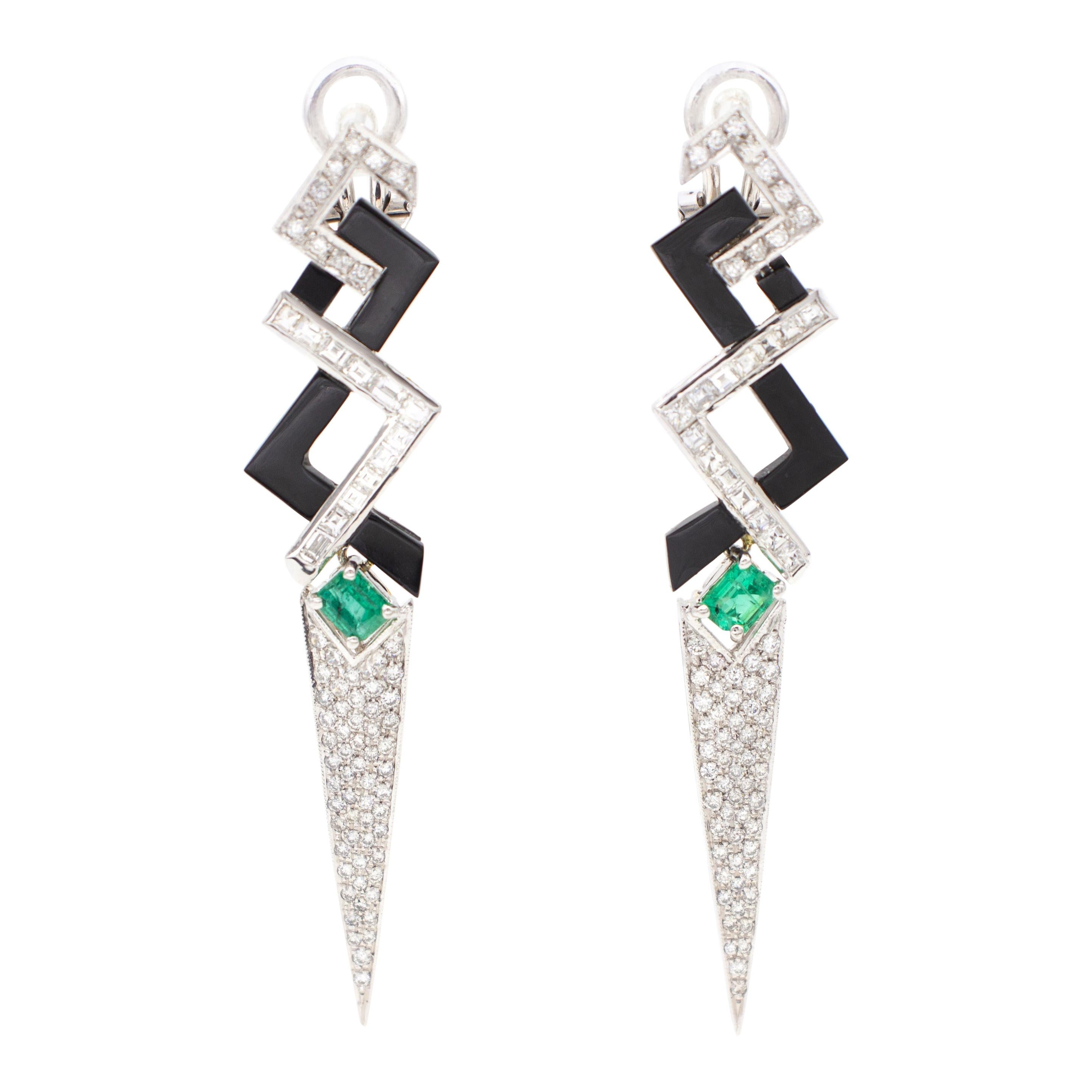 Platinum Diamonds Fancy Cuts, Emeralds, Onyx, Clip-On Fashion Earrings