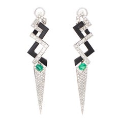 Platinum Diamonds Fancy Cuts, Emeralds, Onyx, Clip-On Fashion Earrings