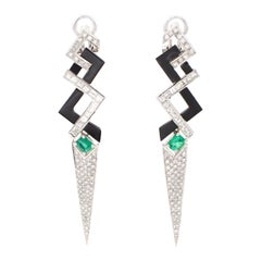 Platinum Diamonds Fancy Cuts, Emeralds, Onyx, Clip-On Fashion Earrings