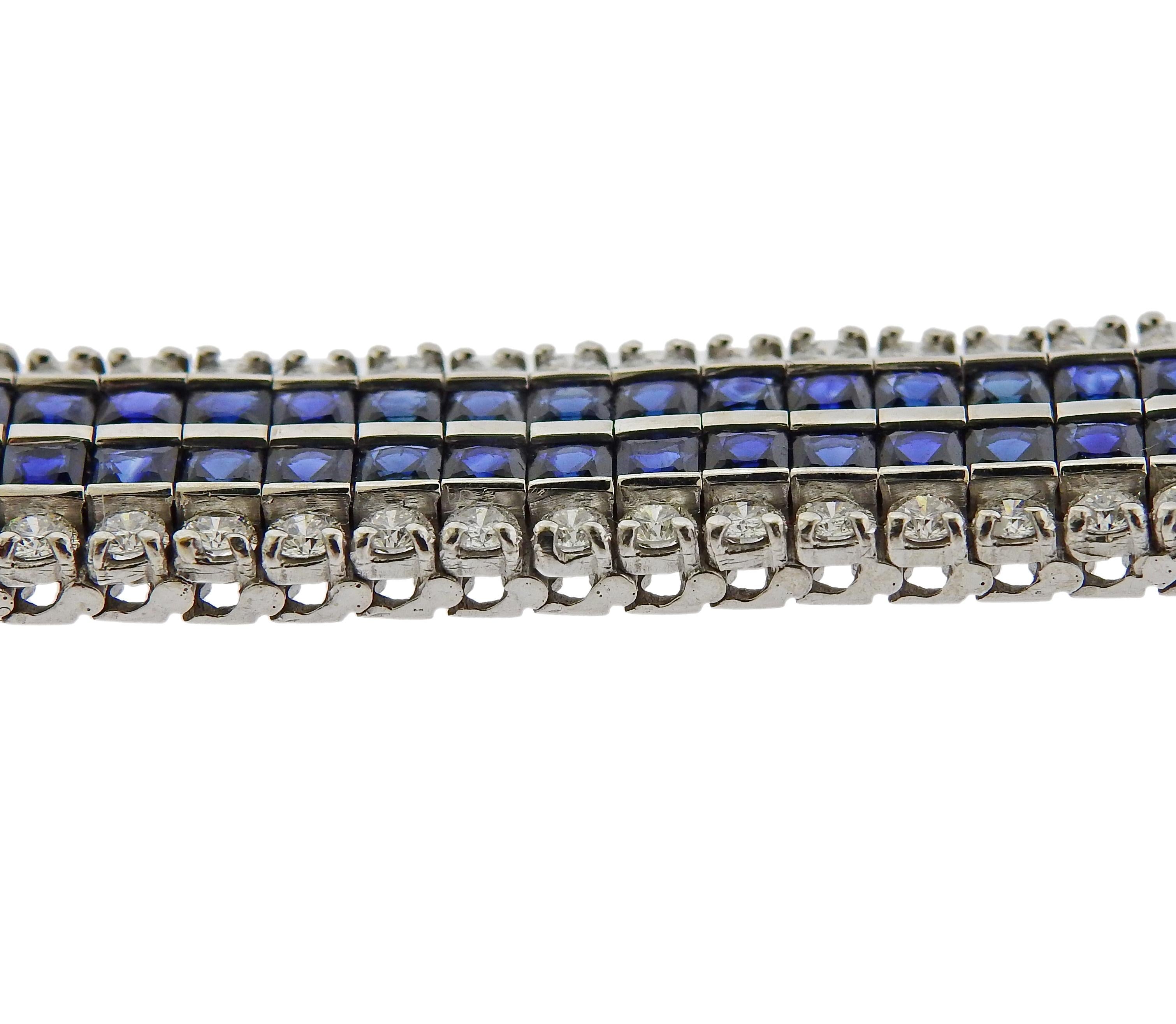 Art Deco Platinum Diamonds French Cut Sapphire Bracelet For Sale