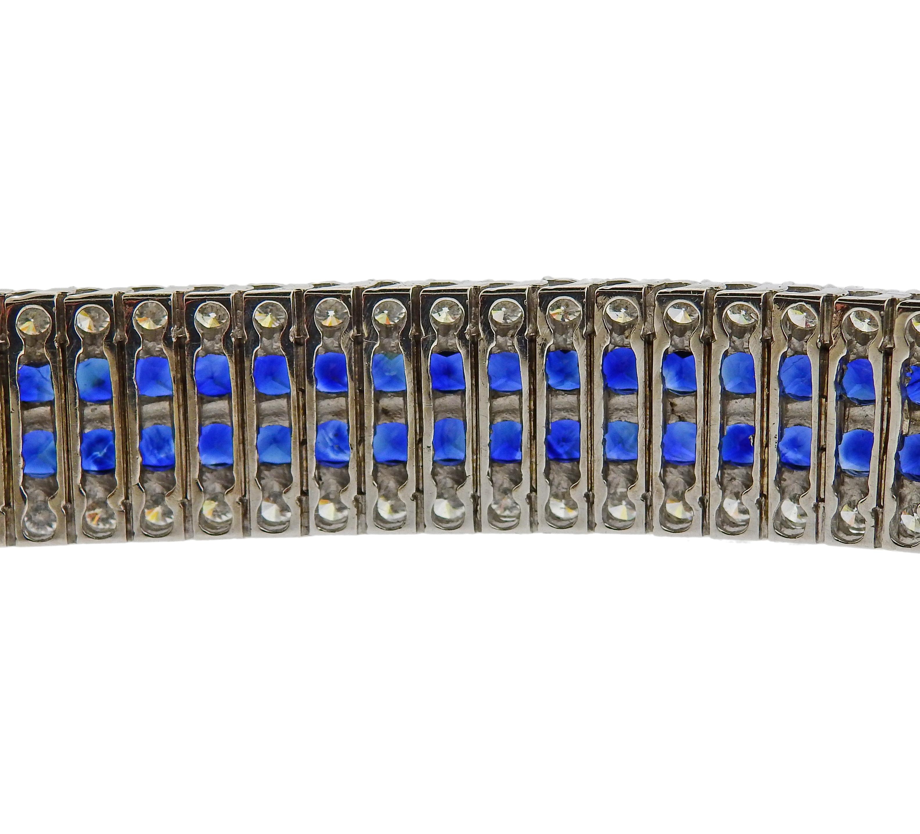 Platinum Diamonds French Cut Sapphire Bracelet In Excellent Condition For Sale In New York, NY