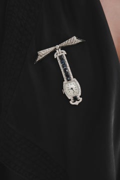 Platinum Diamonds Sapphires Swiss Watch Brooch Certificate Mag Featured, 1920