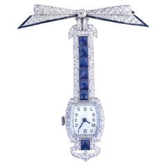 Antique Platinum Diamonds Sapphires Swiss Watch Brooch Certificate Mag Featured, 1920