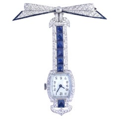 Platinum Diamonds Sapphires Swiss Watch Brooch Certificate Mag Featured, 1920