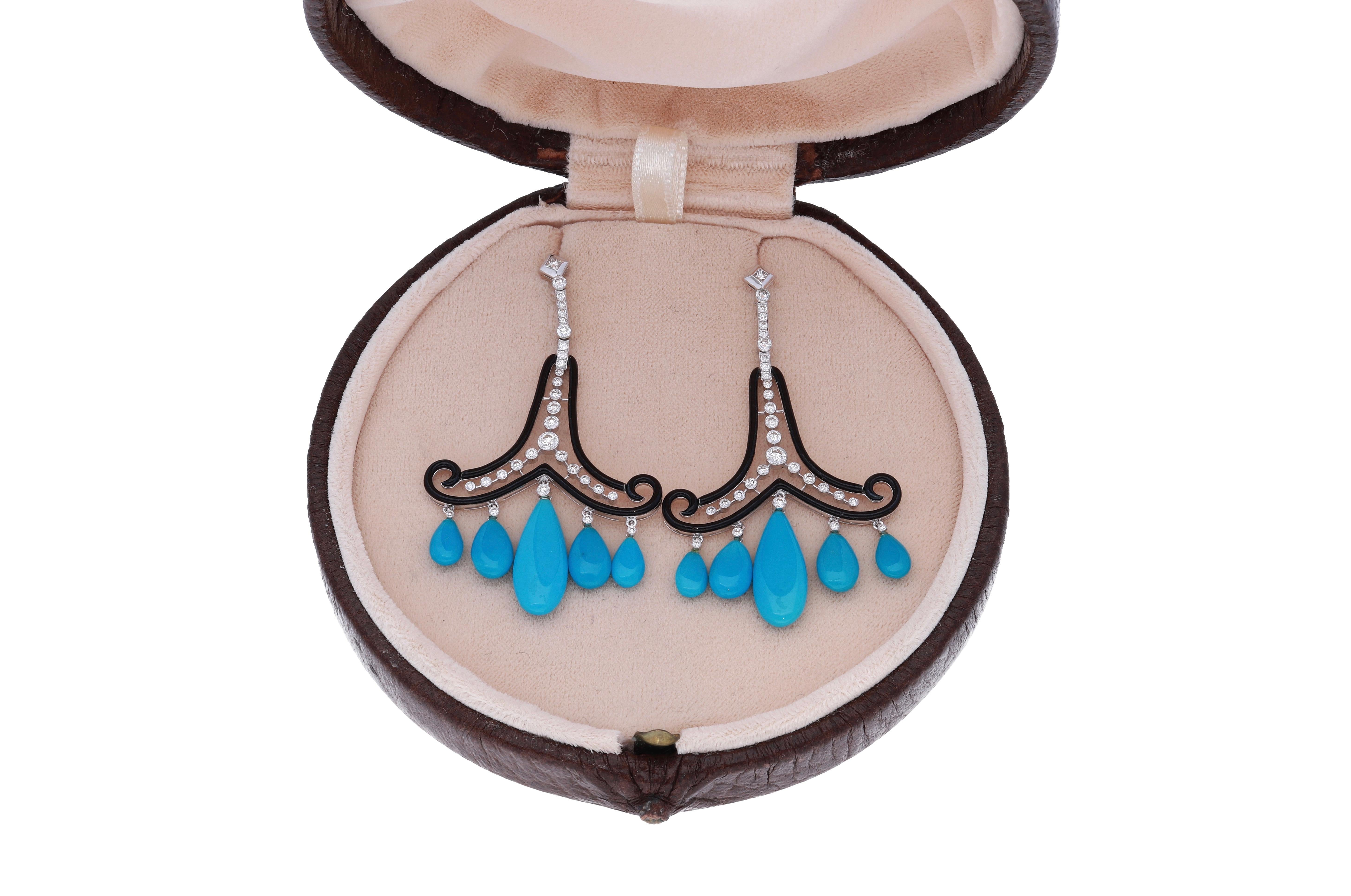 Taille ronde Boucles d'oreilles chandelier en platine, diamants, turquoise et émail en vente