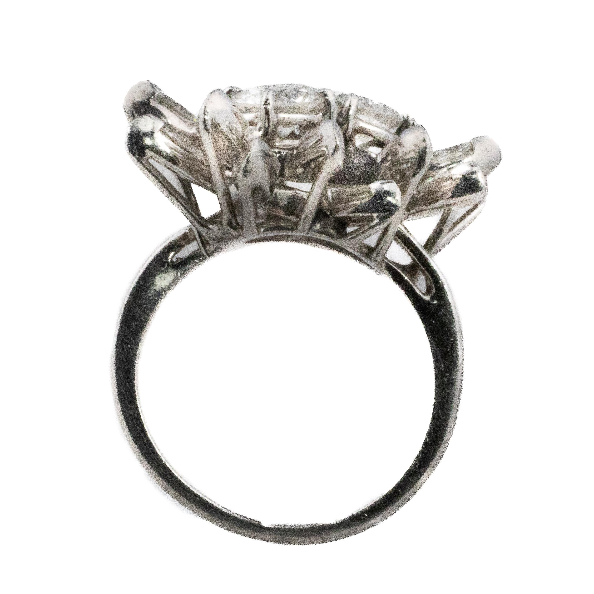 Mid-Century Platinum Double Cluster Diamond Ring

Descrizione:
A captivating mid-century platinum ring featuring two central round brilliant-cut diamonds surrounded by a halo of marquise-cut diamonds arranged in a mirrored floral motif. The