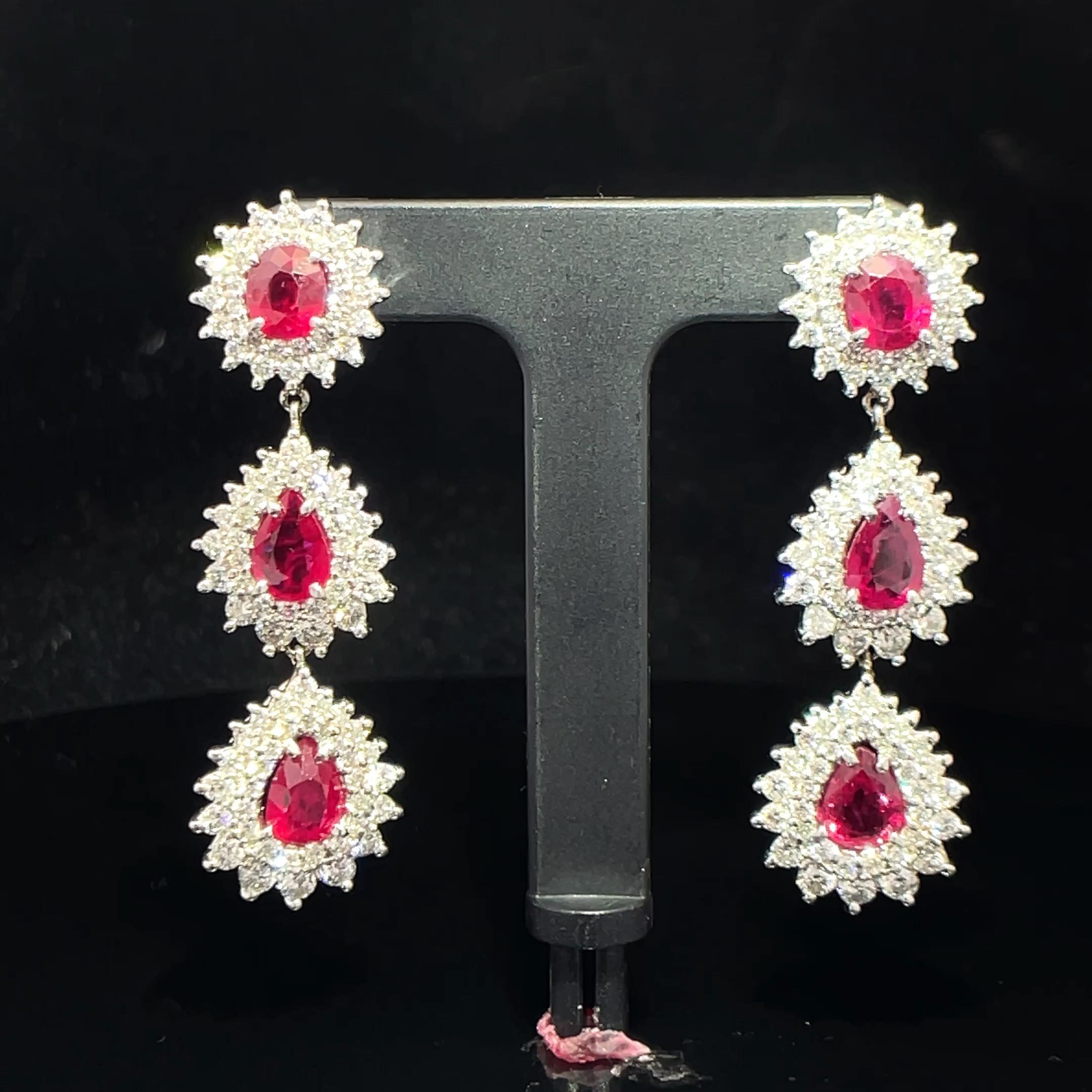 Boucles d'oreilles double pampille en platine avec halo de diamants et rubis rouge certifié GUBELIN en vente 7