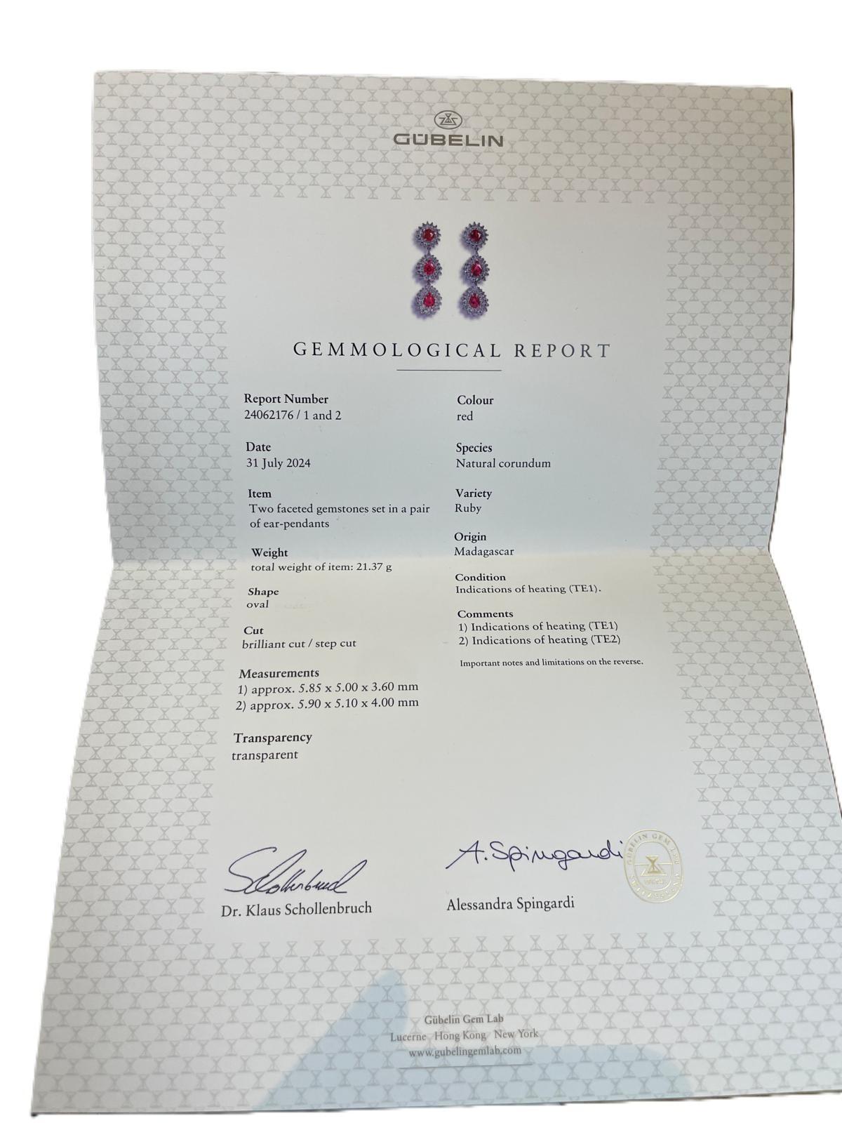 Boucles d'oreilles double pampille en platine avec halo de diamants et rubis rouge certifié GUBELIN en vente 10