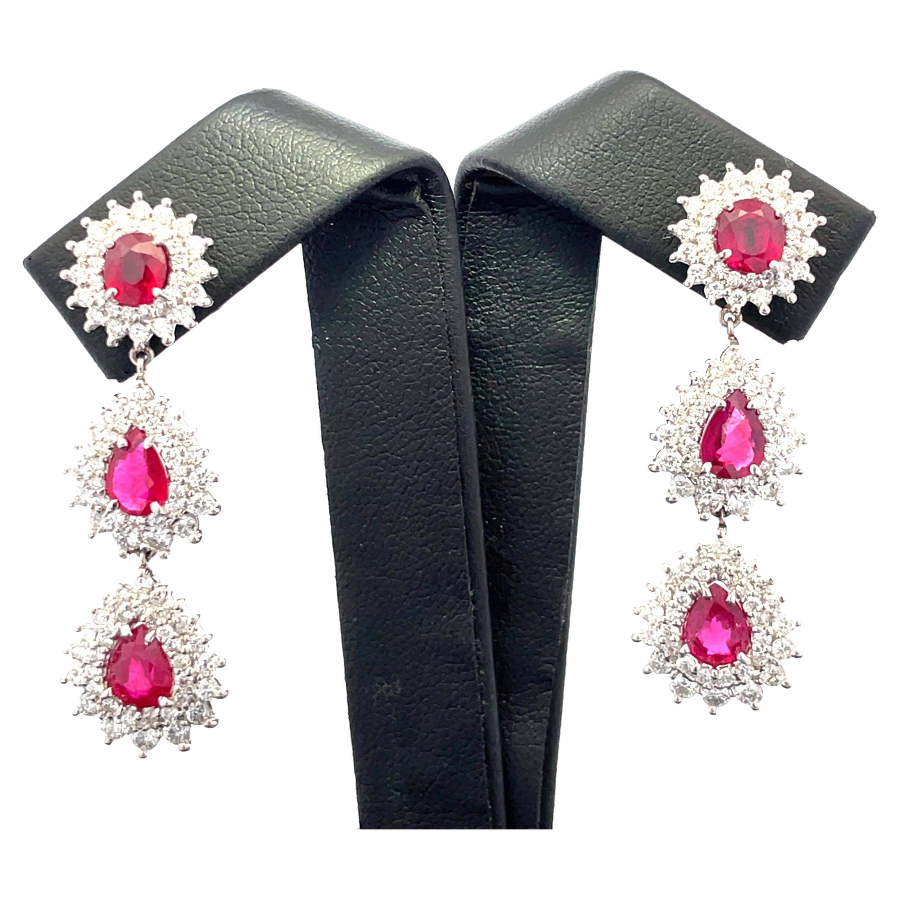Platinum Double Dangle Diamond Halo GUBELIN Certified Red Ruby Earrings For Sale
