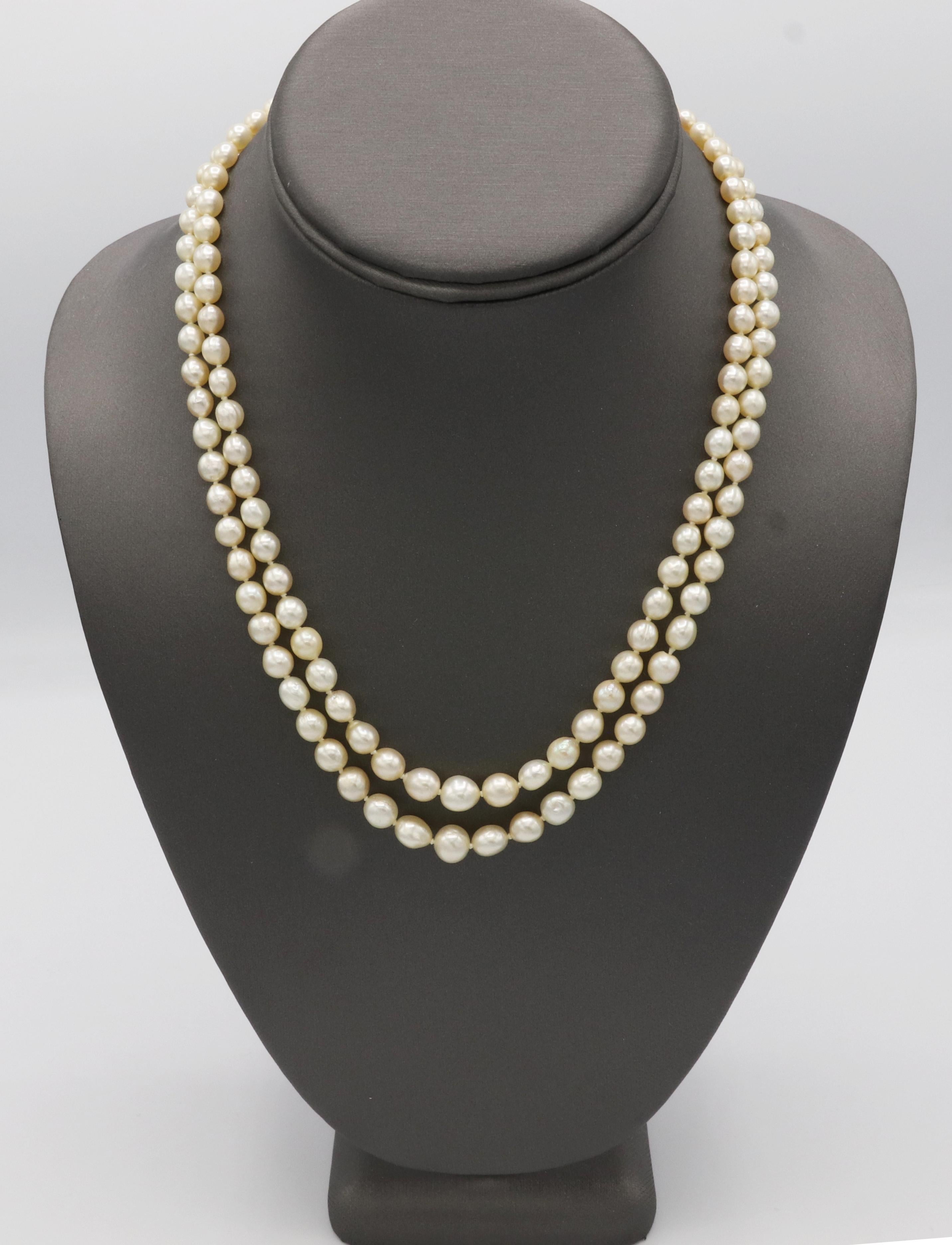 Platinum Double Row Pearl Necklace with Natural Diamond and Sapphire ...