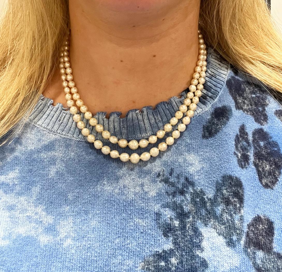 Round Cut Platinum Double Row Pearl Necklace with Natural Diamond and Sapphire Clasp