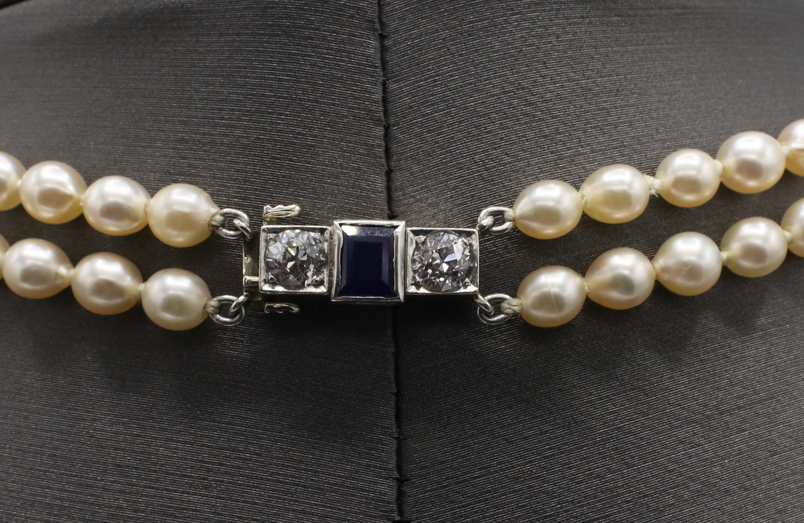 Platinum Double Row Pearl Necklace with Natural Diamond and Sapphire Clasp 1