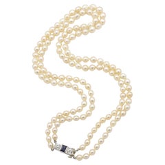 Platinum Double Row Pearl Necklace with Diamond and Sapphire Clasp