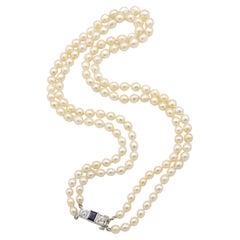 Platinum Double Row Pearl Necklace with Natural Diamond and Sapphire Clasp